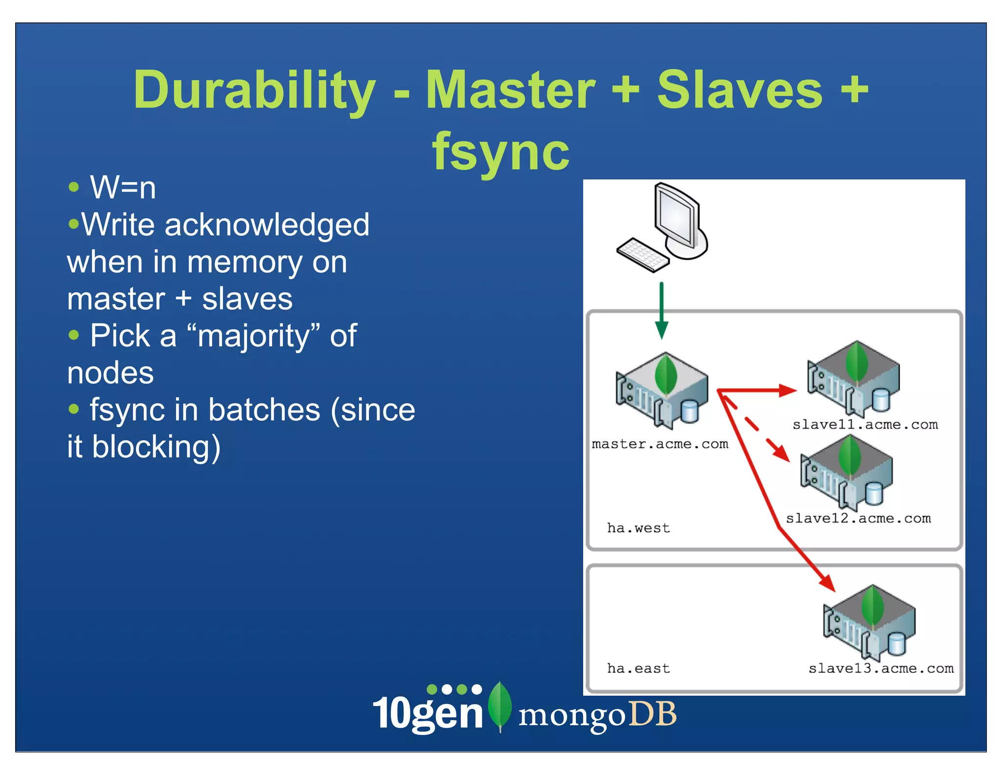 Durability - Master + Slaves +
                 fsync
• W=n
•Write acknowledged
when in memory on
master + slaves
• Pick a “majority” of
nodes
• fsync in batches (since
it blocking)
 