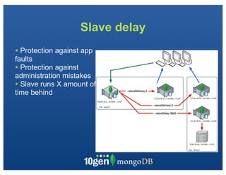 Slave delay
• Protection against app
faults
• Protection against
administration mistakes
• Slave runs X amount of
time behind
 
