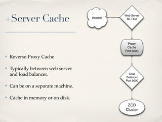 +Server Cache
                                               Web Server
                                    Internet    80 / 443




                                                Proxy
                                                Cache
                                               Port 6000
✤   Reverse-Proxy Cache

✤   Typically between web server
    and load balancer.                           Load
                                               Balancer
                                               Port 9000
✤   Can be on a separate machine.

✤   Cache in memory or on disk.
                                                ZEO
                                               Cluster
 