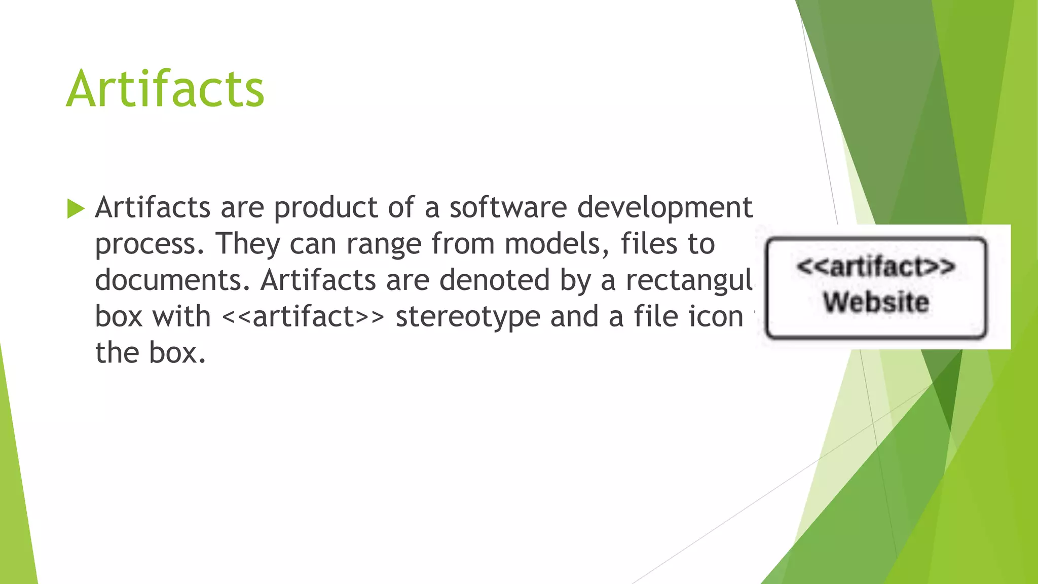 Artifacts
Artifacts are product of a software development
process. They can range from models, files to
documents. Artifacts are denoted by a rectangular
box with <<artifact>> stereotype and a file icon in
the box.