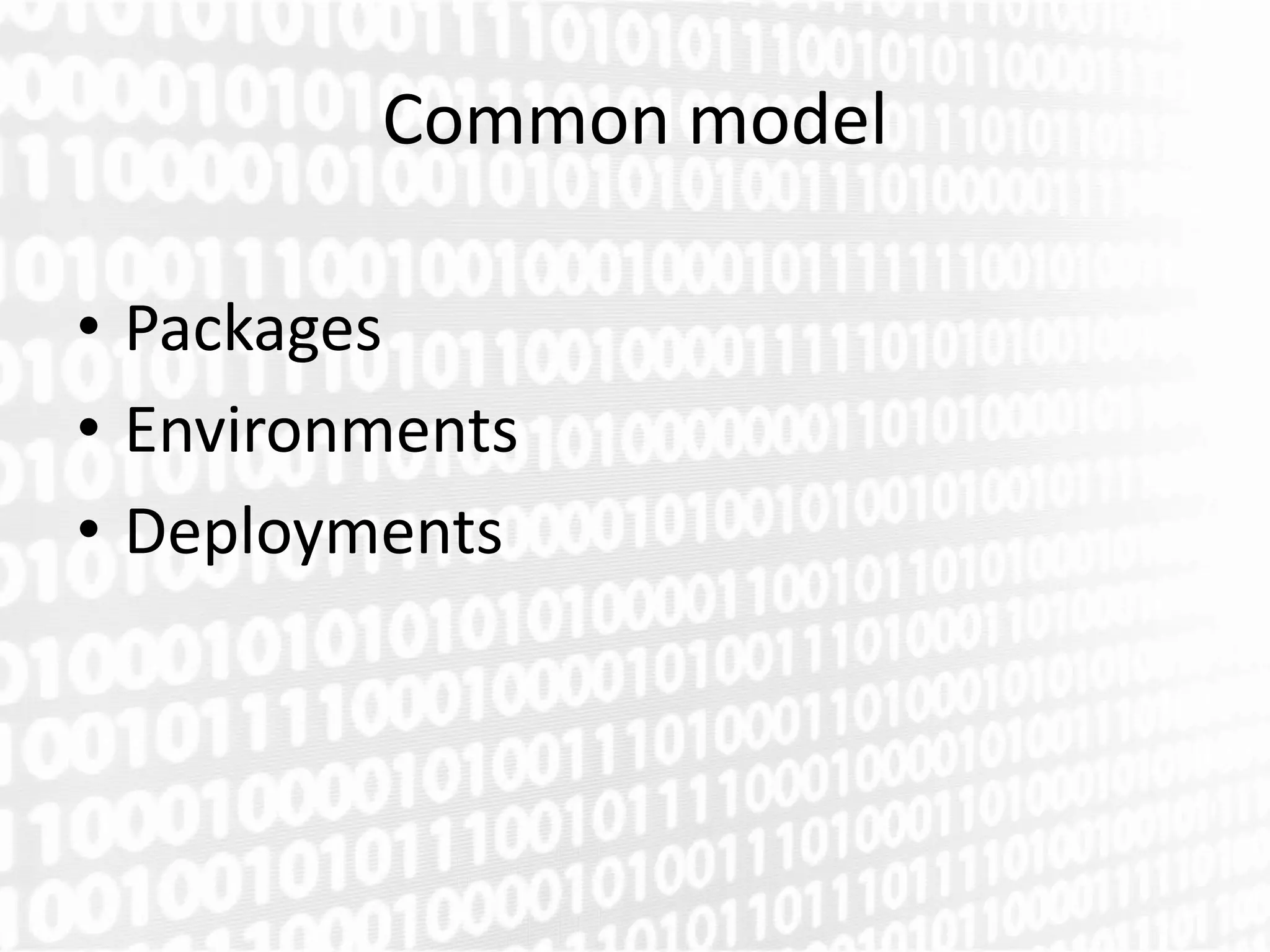 Common model

• Packages
• Environments
• Deployments
 