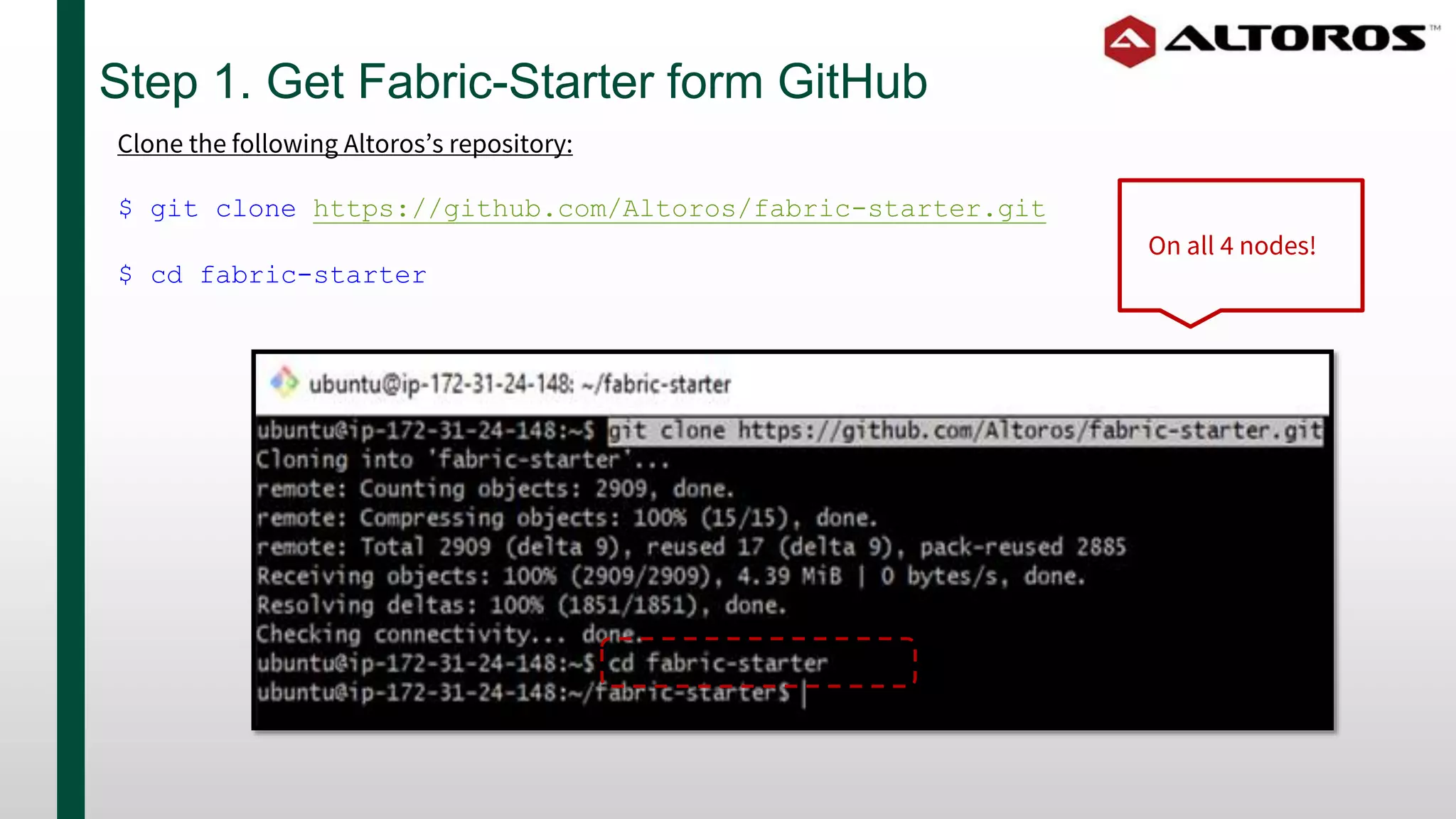Step 1. Get Fabric-Starter form GitHub
Clone the following Altoros’s repository:
$ git clone https://github.com/Altoros/fabric-starter.git
$ cd fabric-starter
On all 4 nodes!
 