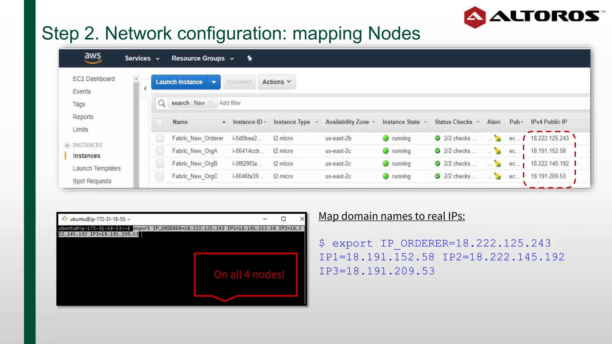 Step 2. Network configuration: mapping Nodes
Map domain names to real IPs:
$ export IP_ORDERER=18.222.125.243
IP1=18.191.152.58 IP2=18.222.145.192
IP3=18.191.209.53On all 4 nodes!
 