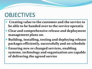 OBJECTIVES
 Creating value to the customer and the service to
be able to be handed over to the service operatia
 Clear and comprehensive release and deployment
management plans on.
 Building, installing, testing and deploying release
packages efficiently, successfully and on schedule
 Ensuring new or changed services, enabling
systems, technology and organization are capable
of delivering the agreed service
 