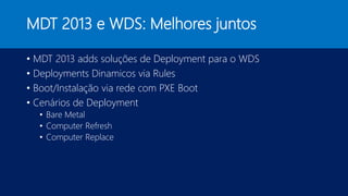 MDT 2013 e WDS: Melhores juntos
• MDT 2013 adds soluções de Deployment para o WDS
• Deployments Dinamicos via Rules
• Boot/Instalação via rede com PXE Boot
• Cenários de Deployment
• Bare Metal
• Computer Refresh
• Computer Replace
 