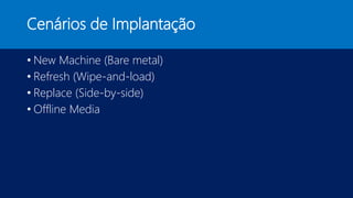 Cenários de Implantação
• New Machine (Bare metal)
• Refresh (Wipe-and-load)
• Replace (Side-by-side)
• Offline Media
 