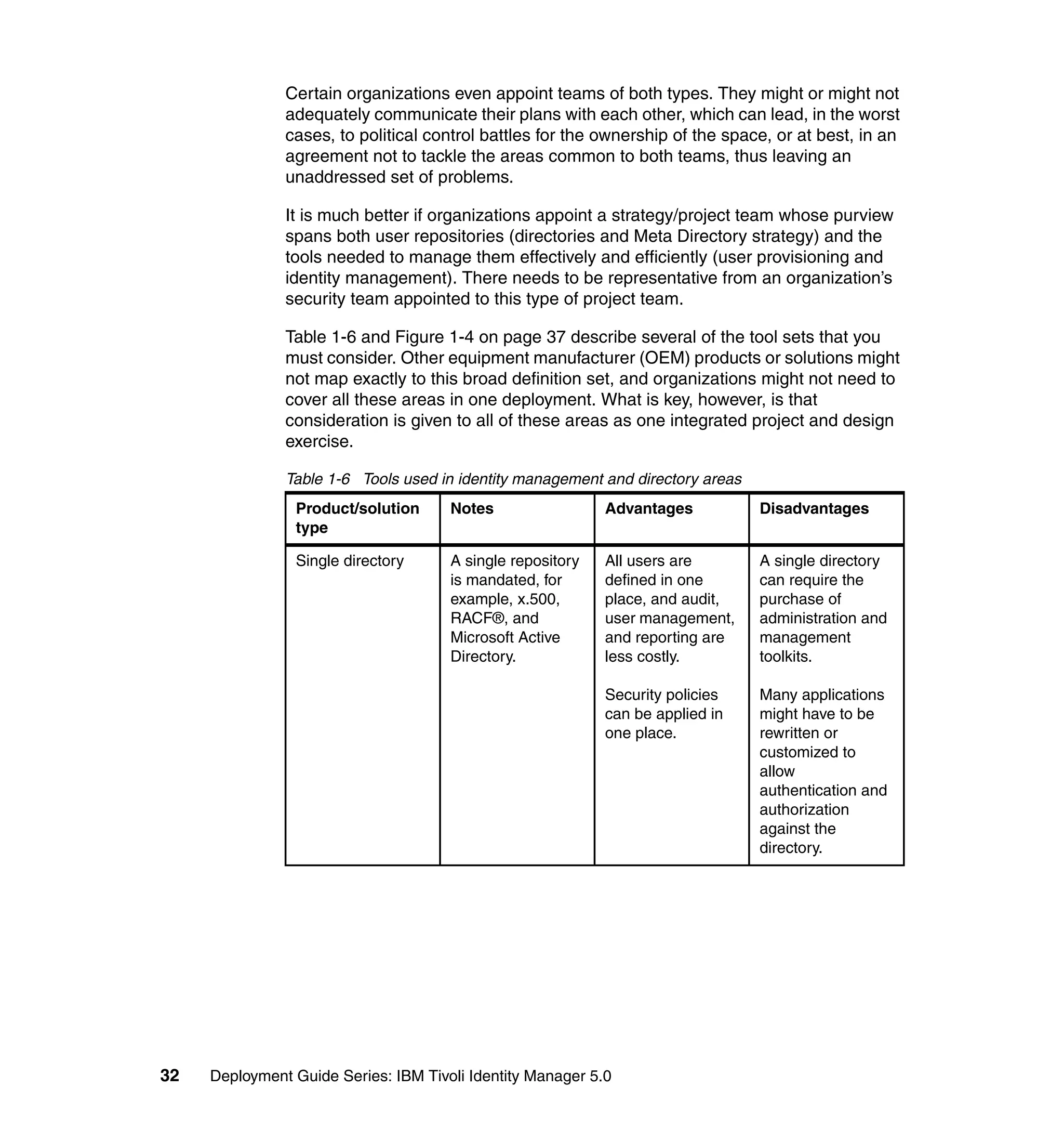 Certain organizations even appoint teams of both types. They might or might not
               adequately communicate their plans with each other, which can lead, in the worst
               cases, to political control battles for the ownership of the space, or at best, in an
               agreement not to tackle the areas common to both teams, thus leaving an
               unaddressed set of problems.

               It is much better if organizations appoint a strategy/project team whose purview
               spans both user repositories (directories and Meta Directory strategy) and the
               tools needed to manage them effectively and efficiently (user provisioning and
               identity management). There needs to be representative from an organization’s
               security team appointed to this type of project team.

               Table 1-6 and Figure 1-4 on page 37 describe several of the tool sets that you
               must consider. Other equipment manufacturer (OEM) products or solutions might
               not map exactly to this broad definition set, and organizations might not need to
               cover all these areas in one deployment. What is key, however, is that
               consideration is given to all of these areas as one integrated project and design
               exercise.

               Table 1-6 Tools used in identity management and directory areas
                Product/solution      Notes                 Advantages           Disadvantages
                type

                Single directory      A single repository   All users are        A single directory
                                      is mandated, for      defined in one       can require the
                                      example, x.500,       place, and audit,    purchase of
                                      RACF®, and            user management,     administration and
                                      Microsoft Active      and reporting are    management
                                      Directory.            less costly.         toolkits.

                                                            Security policies    Many applications
                                                            can be applied in    might have to be
                                                            one place.           rewritten or
                                                                                 customized to
                                                                                 allow
                                                                                 authentication and
                                                                                 authorization
                                                                                 against the
                                                                                 directory.




32   Deployment Guide Series: IBM Tivoli Identity Manager 5.0
 