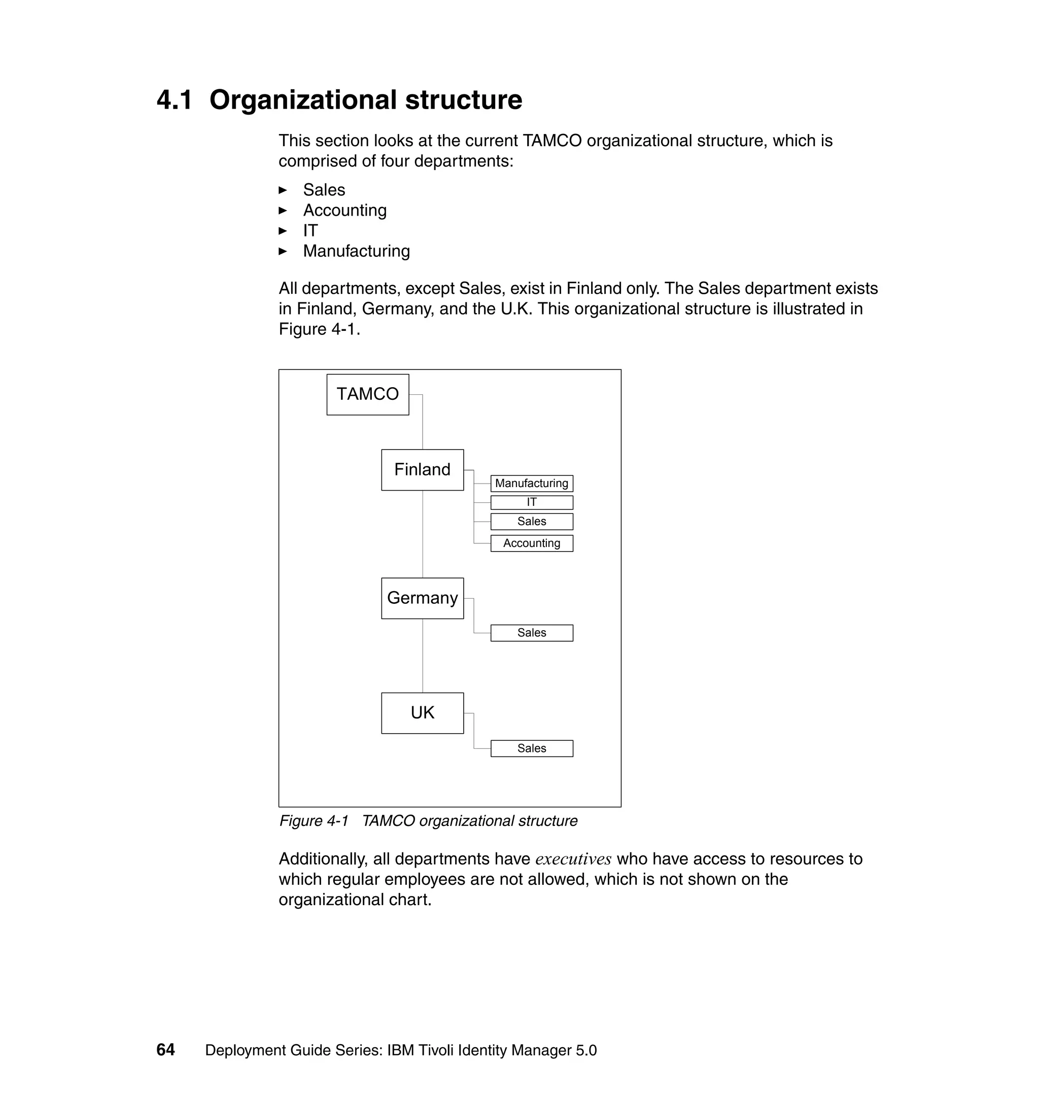 4.1 Organizational structure
               This section looks at the current TAMCO organizational structure, which is
               comprised of four departments:
                   Sales
                   Accounting
                   IT
                   Manufacturing

               All departments, except Sales, exist in Finland only. The Sales department exists
               in Finland, Germany, and the U.K. This organizational structure is illustrated in
               Figure 4-1.


                       TAMCO



                                Finland
                                              Manufacturing
                                                   IT
                                                 Sales
                                               Accounting



                              Germany
                                                 Sales




                                   UK
                                                 Sales




               Figure 4-1 TAMCO organizational structure

               Additionally, all departments have executives who have access to resources to
               which regular employees are not allowed, which is not shown on the
               organizational chart.




64   Deployment Guide Series: IBM Tivoli Identity Manager 5.0
 