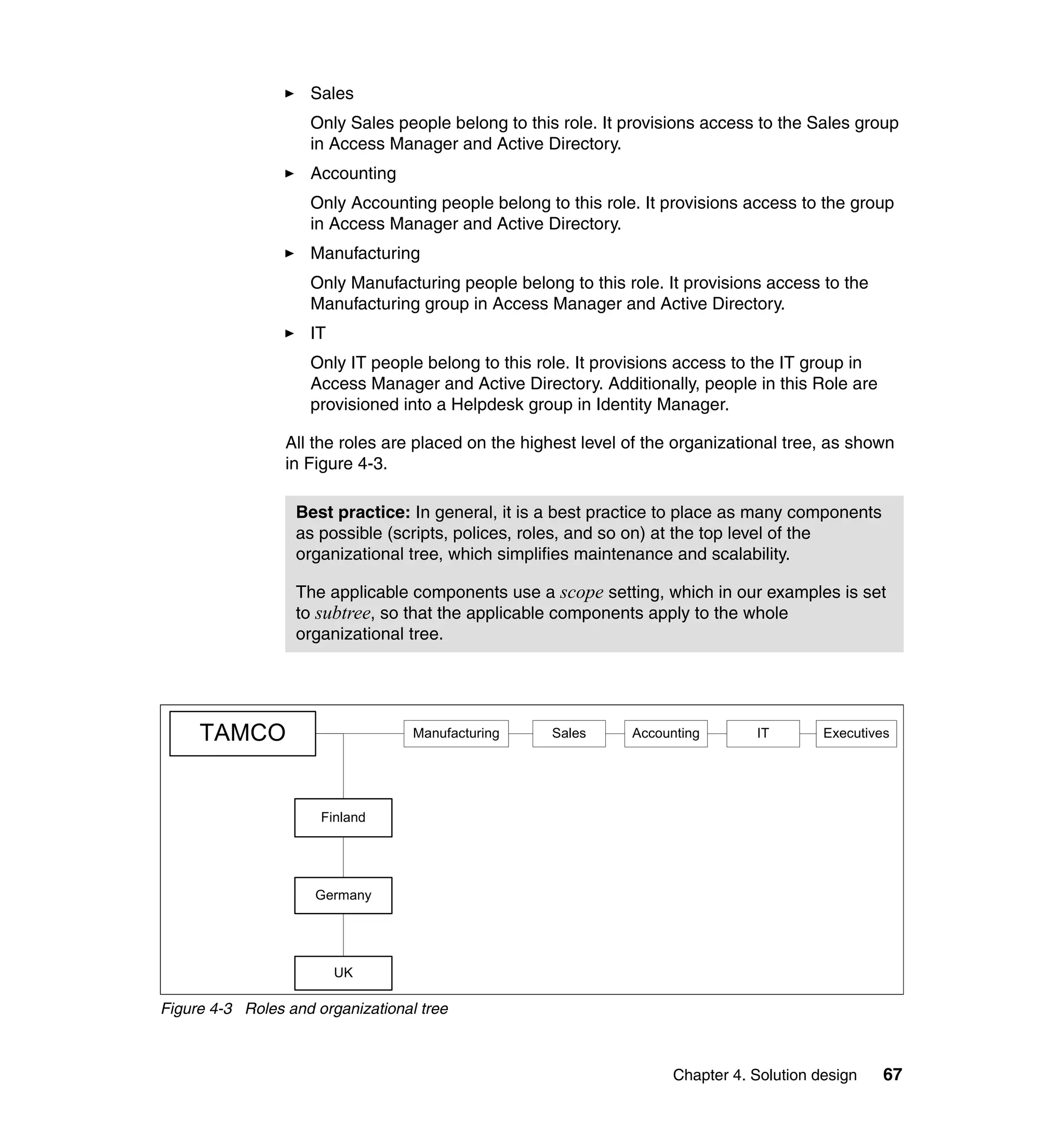 Sales
                    Only Sales people belong to this role. It provisions access to the Sales group
                    in Access Manager and Active Directory.
                    Accounting
                    Only Accounting people belong to this role. It provisions access to the group
                    in Access Manager and Active Directory.
                    Manufacturing
                    Only Manufacturing people belong to this role. It provisions access to the
                    Manufacturing group in Access Manager and Active Directory.
                    IT
                    Only IT people belong to this role. It provisions access to the IT group in
                    Access Manager and Active Directory. Additionally, people in this Role are
                    provisioned into a Helpdesk group in Identity Manager.

                 All the roles are placed on the highest level of the organizational tree, as shown
                 in Figure 4-3.

                  Best practice: In general, it is a best practice to place as many components
                  as possible (scripts, polices, roles, and so on) at the top level of the
                  organizational tree, which simplifies maintenance and scalability.

                  The applicable components use a scope setting, which in our examples is set
                  to subtree, so that the applicable components apply to the whole
                  organizational tree.




     TAMCO                         Manufacturing    Sales      Accounting       IT        Executives




                      Finland




                     Germany




                         UK

Figure 4-3 Roles and organizational tree



                                                                     Chapter 4. Solution design    67
 