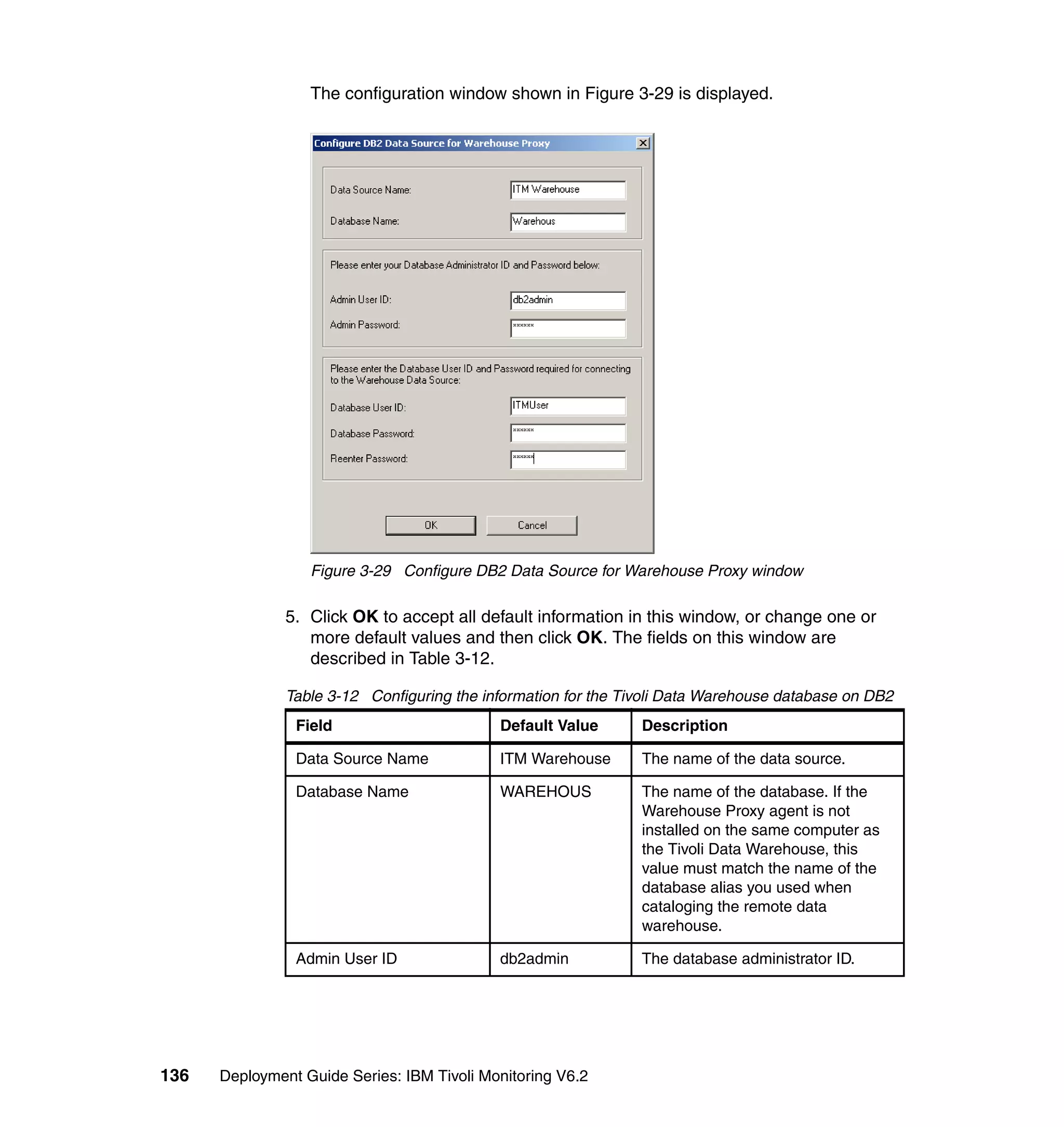 The configuration window shown in Figure 3-29 is displayed.




                  Figure 3-29 Configure DB2 Data Source for Warehouse Proxy window

               5. Click OK to accept all default information in this window, or change one or
                  more default values and then click OK. The fields on this window are
                  described in Table 3-12.

               Table 3-12 Configuring the information for the Tivoli Data Warehouse database on DB2
                Field                       Default Value       Description

                Data Source Name            ITM Warehouse       The name of the data source.

                Database Name               WAREHOUS            The name of the database. If the
                                                                Warehouse Proxy agent is not
                                                                installed on the same computer as
                                                                the Tivoli Data Warehouse, this
                                                                value must match the name of the
                                                                database alias you used when
                                                                cataloging the remote data
                                                                warehouse.

                Admin User ID               db2admin            The database administrator ID.




136   Deployment Guide Series: IBM Tivoli Monitoring V6.2
 
