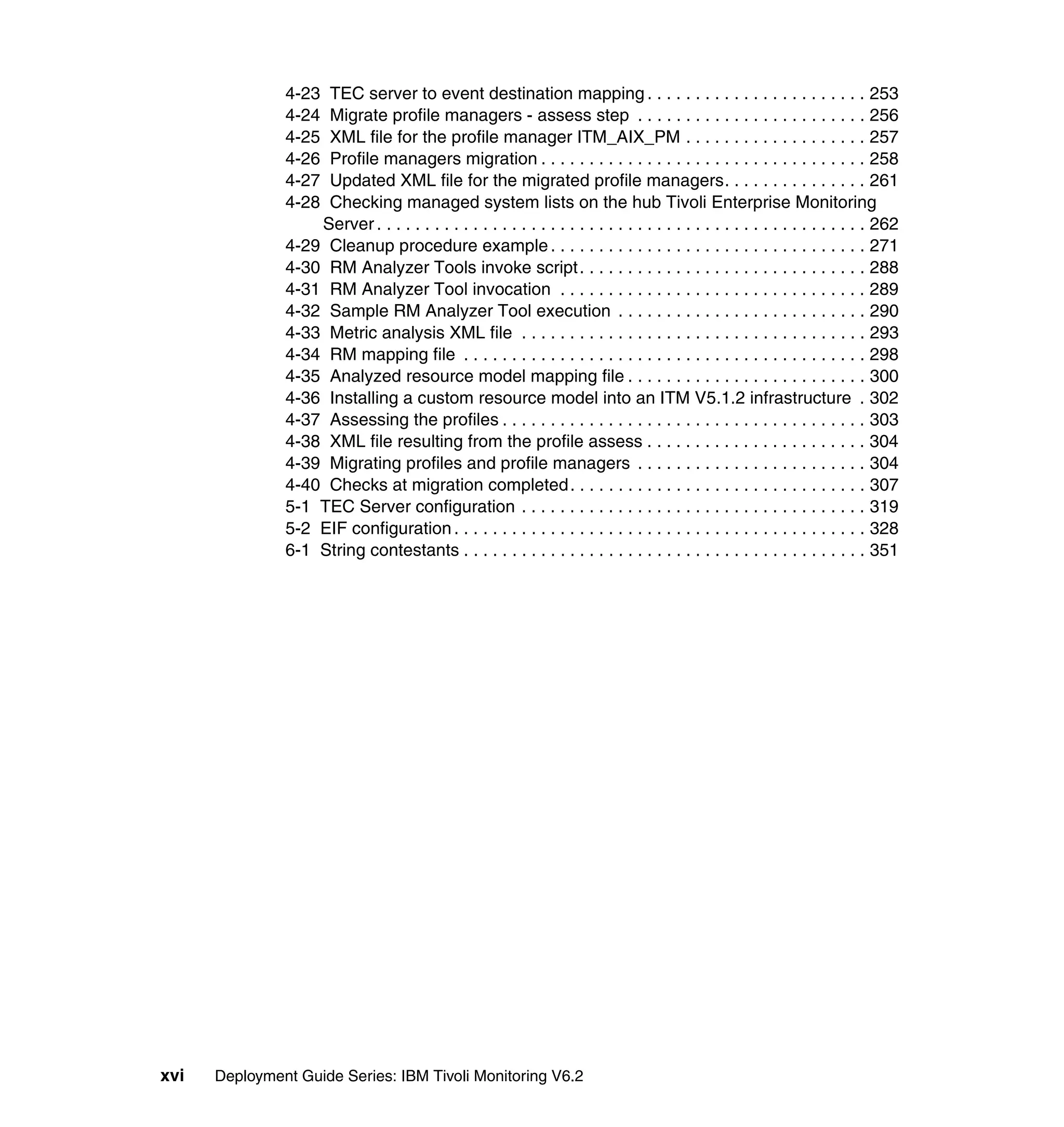 4-23 TEC server to event destination mapping . . . . . . . . . . . . . . . . . . . . . . . 253
               4-24 Migrate profile managers - assess step . . . . . . . . . . . . . . . . . . . . . . . . 256
               4-25 XML file for the profile manager ITM_AIX_PM . . . . . . . . . . . . . . . . . . . 257
               4-26 Profile managers migration . . . . . . . . . . . . . . . . . . . . . . . . . . . . . . . . . . 258
               4-27 Updated XML file for the migrated profile managers. . . . . . . . . . . . . . . 261
               4-28 Checking managed system lists on the hub Tivoli Enterprise Monitoring
                   Server . . . . . . . . . . . . . . . . . . . . . . . . . . . . . . . . . . . . . . . . . . . . . . . . . . . 262
               4-29 Cleanup procedure example . . . . . . . . . . . . . . . . . . . . . . . . . . . . . . . . . 271
               4-30 RM Analyzer Tools invoke script . . . . . . . . . . . . . . . . . . . . . . . . . . . . . . 288
               4-31 RM Analyzer Tool invocation . . . . . . . . . . . . . . . . . . . . . . . . . . . . . . . . 289
               4-32 Sample RM Analyzer Tool execution . . . . . . . . . . . . . . . . . . . . . . . . . . 290
               4-33 Metric analysis XML file . . . . . . . . . . . . . . . . . . . . . . . . . . . . . . . . . . . . 293
               4-34 RM mapping file . . . . . . . . . . . . . . . . . . . . . . . . . . . . . . . . . . . . . . . . . . 298
               4-35 Analyzed resource model mapping file . . . . . . . . . . . . . . . . . . . . . . . . . 300
               4-36 Installing a custom resource model into an ITM V5.1.2 infrastructure . 302
               4-37 Assessing the profiles . . . . . . . . . . . . . . . . . . . . . . . . . . . . . . . . . . . . . . 303
               4-38 XML file resulting from the profile assess . . . . . . . . . . . . . . . . . . . . . . . 304
               4-39 Migrating profiles and profile managers . . . . . . . . . . . . . . . . . . . . . . . . 304
               4-40 Checks at migration completed. . . . . . . . . . . . . . . . . . . . . . . . . . . . . . . 307
               5-1 TEC Server configuration . . . . . . . . . . . . . . . . . . . . . . . . . . . . . . . . . . . . 319
               5-2 EIF configuration . . . . . . . . . . . . . . . . . . . . . . . . . . . . . . . . . . . . . . . . . . . 328
               6-1 String contestants . . . . . . . . . . . . . . . . . . . . . . . . . . . . . . . . . . . . . . . . . . 351




xvi   Deployment Guide Series: IBM Tivoli Monitoring V6.2
 