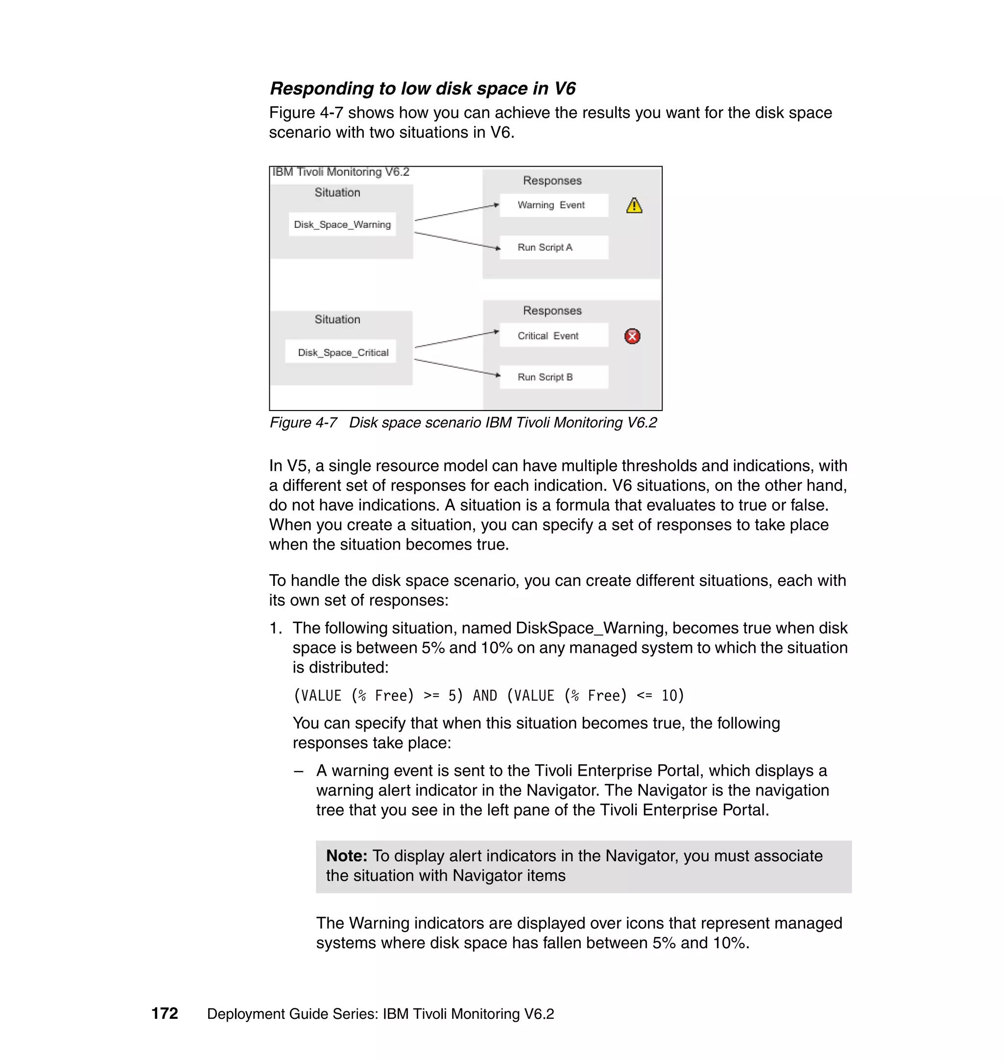 Responding to low disk space in V6
               Figure 4-7 shows how you can achieve the results you want for the disk space
               scenario with two situations in V6.




               Figure 4-7 Disk space scenario IBM Tivoli Monitoring V6.2

               In V5, a single resource model can have multiple thresholds and indications, with
               a different set of responses for each indication. V6 situations, on the other hand,
               do not have indications. A situation is a formula that evaluates to true or false.
               When you create a situation, you can specify a set of responses to take place
               when the situation becomes true.

               To handle the disk space scenario, you can create different situations, each with
               its own set of responses:
               1. The following situation, named DiskSpace_Warning, becomes true when disk
                  space is between 5% and 10% on any managed system to which the situation
                  is distributed:
                  (VALUE (% Free) >= 5) AND (VALUE (% Free) <= 10)
                  You can specify that when this situation becomes true, the following
                  responses take place:
                  – A warning event is sent to the Tivoli Enterprise Portal, which displays a
                    warning alert indicator in the Navigator. The Navigator is the navigation
                    tree that you see in the left pane of the Tivoli Enterprise Portal.

                       Note: To display alert indicators in the Navigator, you must associate
                       the situation with Navigator items

                      The Warning indicators are displayed over icons that represent managed
                      systems where disk space has fallen between 5% and 10%.



172   Deployment Guide Series: IBM Tivoli Monitoring V6.2
 
