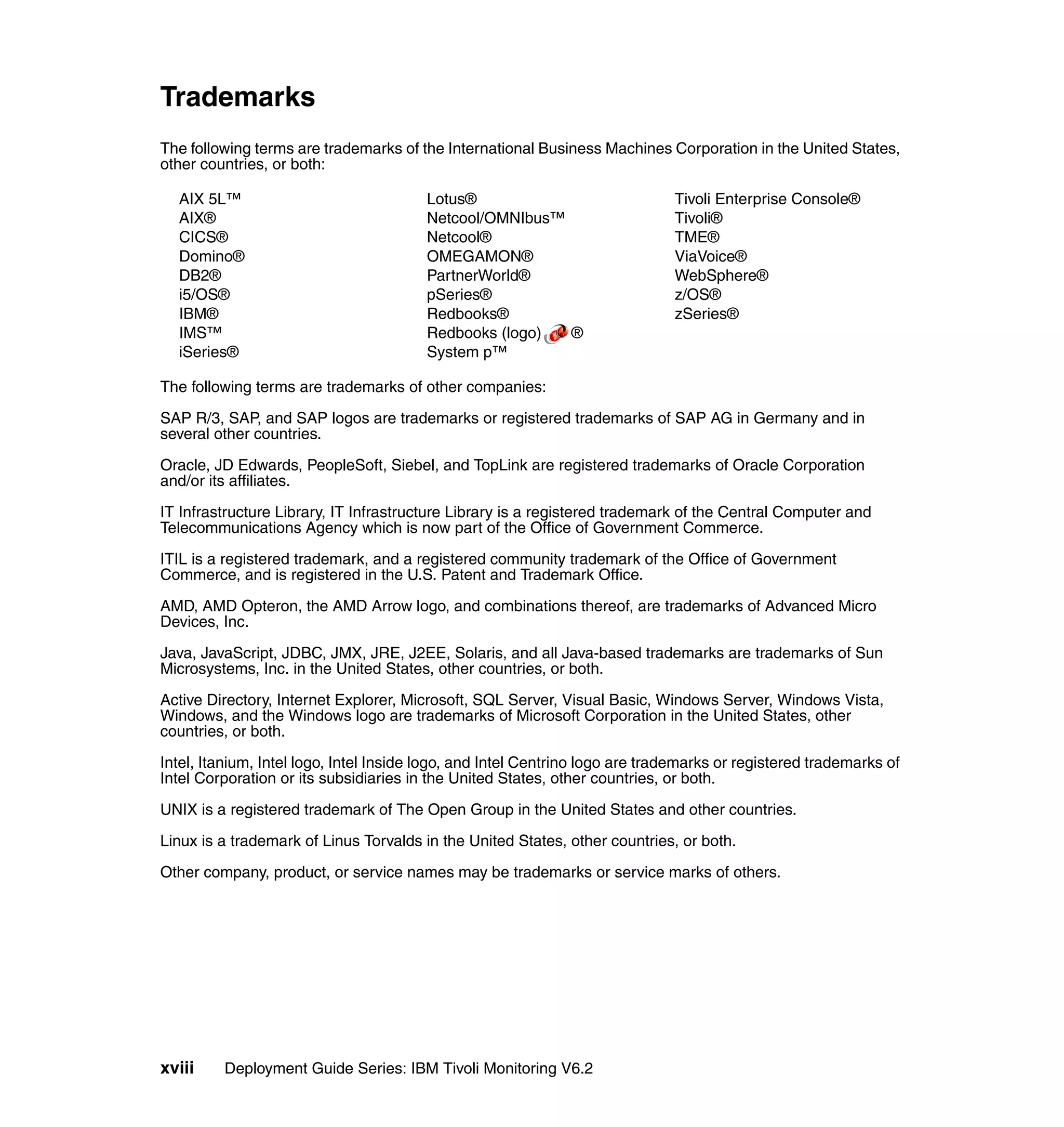 Trademarks
The following terms are trademarks of the International Business Machines Corporation in the United States,
other countries, or both:

  AIX 5L™                               Lotus®                                Tivoli Enterprise Console®
  AIX®                                  Netcool/OMNIbus™                      Tivoli®
  CICS®                                 Netcool®                              TME®
  Domino®                               OMEGAMON®                             ViaVoice®
  DB2®                                  PartnerWorld®                         WebSphere®
  i5/OS®                                pSeries®                              z/OS®
  IBM®                                  Redbooks®                             zSeries®
  IMS™                                  Redbooks (logo)  ®
  iSeries®                              System p™

The following terms are trademarks of other companies:

SAP R/3, SAP, and SAP logos are trademarks or registered trademarks of SAP AG in Germany and in
several other countries.

Oracle, JD Edwards, PeopleSoft, Siebel, and TopLink are registered trademarks of Oracle Corporation
and/or its affiliates.

IT Infrastructure Library, IT Infrastructure Library is a registered trademark of the Central Computer and
Telecommunications Agency which is now part of the Office of Government Commerce.

ITIL is a registered trademark, and a registered community trademark of the Office of Government
Commerce, and is registered in the U.S. Patent and Trademark Office.

AMD, AMD Opteron, the AMD Arrow logo, and combinations thereof, are trademarks of Advanced Micro
Devices, Inc.

Java, JavaScript, JDBC, JMX, JRE, J2EE, Solaris, and all Java-based trademarks are trademarks of Sun
Microsystems, Inc. in the United States, other countries, or both.

Active Directory, Internet Explorer, Microsoft, SQL Server, Visual Basic, Windows Server, Windows Vista,
Windows, and the Windows logo are trademarks of Microsoft Corporation in the United States, other
countries, or both.

Intel, Itanium, Intel logo, Intel Inside logo, and Intel Centrino logo are trademarks or registered trademarks of
Intel Corporation or its subsidiaries in the United States, other countries, or both.

UNIX is a registered trademark of The Open Group in the United States and other countries.

Linux is a trademark of Linus Torvalds in the United States, other countries, or both.

Other company, product, or service names may be trademarks or service marks of others.




xviii    Deployment Guide Series: IBM Tivoli Monitoring V6.2
 