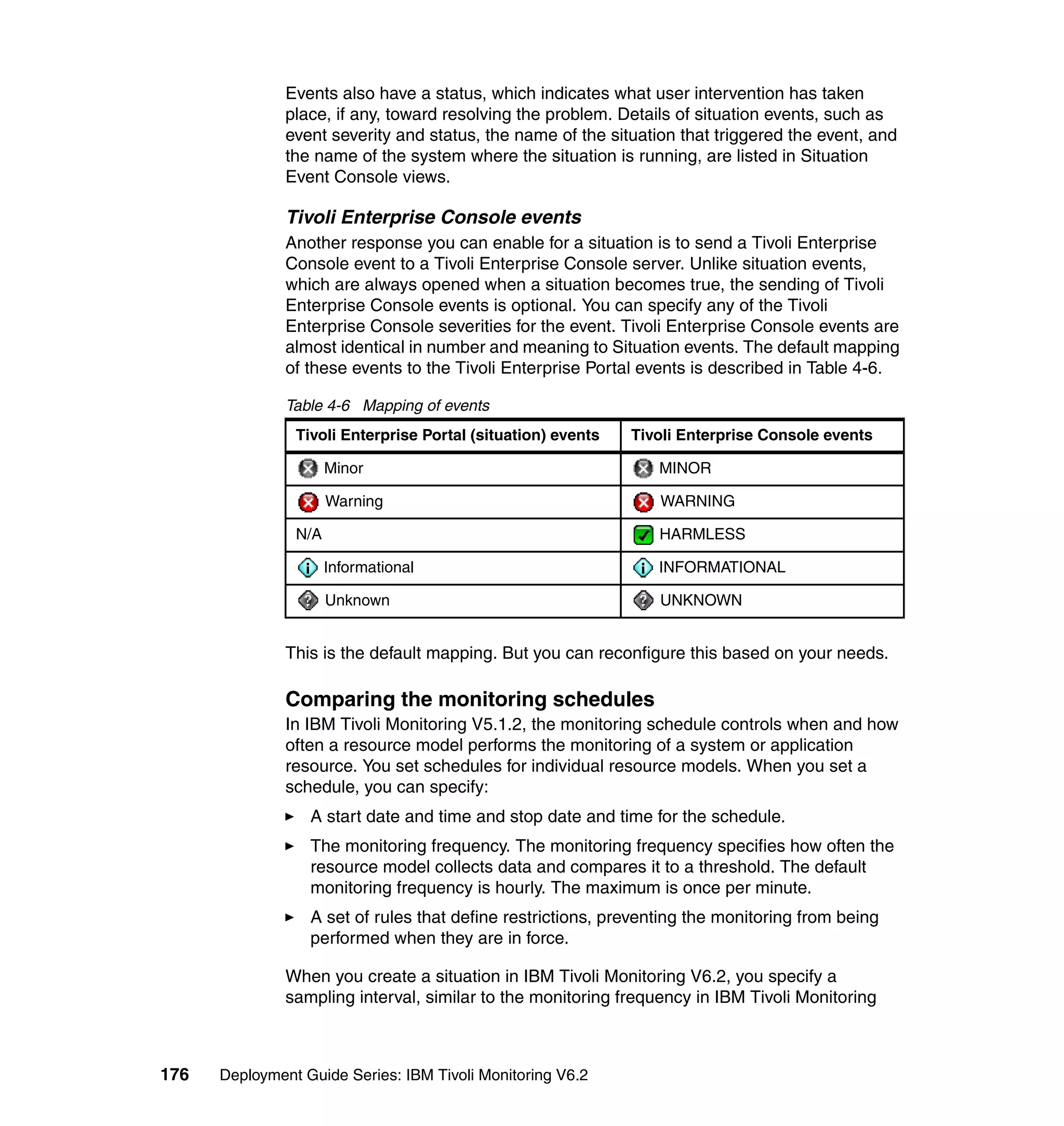 Events also have a status, which indicates what user intervention has taken
               place, if any, toward resolving the problem. Details of situation events, such as
               event severity and status, the name of the situation that triggered the event, and
               the name of the system where the situation is running, are listed in Situation
               Event Console views.

               Tivoli Enterprise Console events
               Another response you can enable for a situation is to send a Tivoli Enterprise
               Console event to a Tivoli Enterprise Console server. Unlike situation events,
               which are always opened when a situation becomes true, the sending of Tivoli
               Enterprise Console events is optional. You can specify any of the Tivoli
               Enterprise Console severities for the event. Tivoli Enterprise Console events are
               almost identical in number and meaning to Situation events. The default mapping
               of these events to the Tivoli Enterprise Portal events is described in Table 4-6.

               Table 4-6 Mapping of events
                Tivoli Enterprise Portal (situation) events   Tivoli Enterprise Console events

                      Minor                                      MINOR

                      Warning                                    WARNING

                N/A                                              HARMLESS

                      Informational                              INFORMATIONAL

                      Unknown                                    UNKNOWN


               This is the default mapping. But you can reconfigure this based on your needs.

               Comparing the monitoring schedules
               In IBM Tivoli Monitoring V5.1.2, the monitoring schedule controls when and how
               often a resource model performs the monitoring of a system or application
               resource. You set schedules for individual resource models. When you set a
               schedule, you can specify:
                  A start date and time and stop date and time for the schedule.
                  The monitoring frequency. The monitoring frequency specifies how often the
                  resource model collects data and compares it to a threshold. The default
                  monitoring frequency is hourly. The maximum is once per minute.
                  A set of rules that define restrictions, preventing the monitoring from being
                  performed when they are in force.

               When you create a situation in IBM Tivoli Monitoring V6.2, you specify a
               sampling interval, similar to the monitoring frequency in IBM Tivoli Monitoring



176   Deployment Guide Series: IBM Tivoli Monitoring V6.2
 