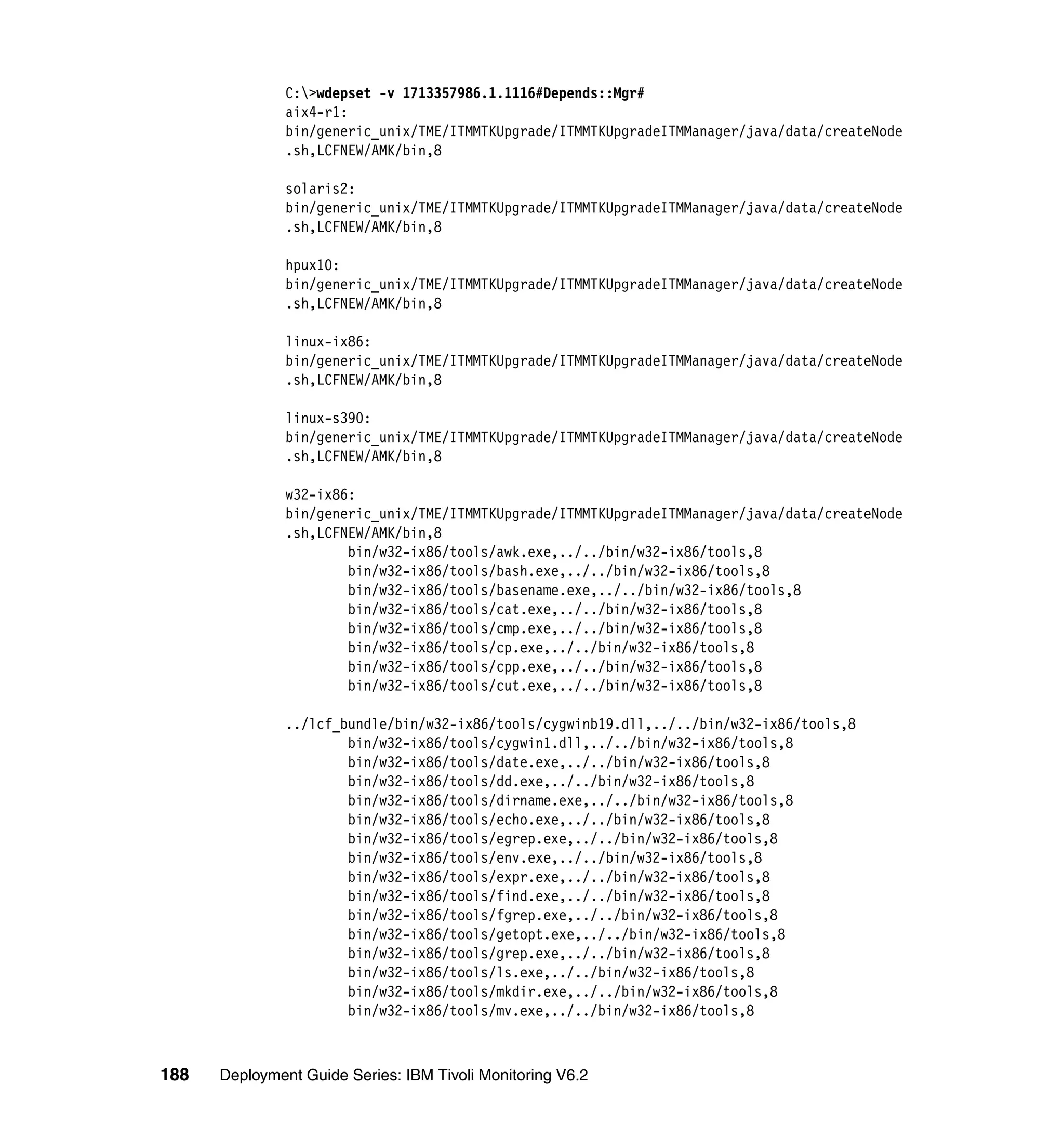 C:>wdepset -v 1713357986.1.1116#Depends::Mgr#
               aix4-r1:
               bin/generic_unix/TME/ITMMTKUpgrade/ITMMTKUpgradeITMManager/java/data/createNode
               .sh,LCFNEW/AMK/bin,8

               solaris2:
               bin/generic_unix/TME/ITMMTKUpgrade/ITMMTKUpgradeITMManager/java/data/createNode
               .sh,LCFNEW/AMK/bin,8

               hpux10:
               bin/generic_unix/TME/ITMMTKUpgrade/ITMMTKUpgradeITMManager/java/data/createNode
               .sh,LCFNEW/AMK/bin,8

               linux-ix86:
               bin/generic_unix/TME/ITMMTKUpgrade/ITMMTKUpgradeITMManager/java/data/createNode
               .sh,LCFNEW/AMK/bin,8

               linux-s390:
               bin/generic_unix/TME/ITMMTKUpgrade/ITMMTKUpgradeITMManager/java/data/createNode
               .sh,LCFNEW/AMK/bin,8

               w32-ix86:
               bin/generic_unix/TME/ITMMTKUpgrade/ITMMTKUpgradeITMManager/java/data/createNode
               .sh,LCFNEW/AMK/bin,8
                       bin/w32-ix86/tools/awk.exe,../../bin/w32-ix86/tools,8
                       bin/w32-ix86/tools/bash.exe,../../bin/w32-ix86/tools,8
                       bin/w32-ix86/tools/basename.exe,../../bin/w32-ix86/tools,8
                       bin/w32-ix86/tools/cat.exe,../../bin/w32-ix86/tools,8
                       bin/w32-ix86/tools/cmp.exe,../../bin/w32-ix86/tools,8
                       bin/w32-ix86/tools/cp.exe,../../bin/w32-ix86/tools,8
                       bin/w32-ix86/tools/cpp.exe,../../bin/w32-ix86/tools,8
                       bin/w32-ix86/tools/cut.exe,../../bin/w32-ix86/tools,8

               ../lcf_bundle/bin/w32-ix86/tools/cygwinb19.dll,../../bin/w32-ix86/tools,8
                       bin/w32-ix86/tools/cygwin1.dll,../../bin/w32-ix86/tools,8
                       bin/w32-ix86/tools/date.exe,../../bin/w32-ix86/tools,8
                       bin/w32-ix86/tools/dd.exe,../../bin/w32-ix86/tools,8
                       bin/w32-ix86/tools/dirname.exe,../../bin/w32-ix86/tools,8
                       bin/w32-ix86/tools/echo.exe,../../bin/w32-ix86/tools,8
                       bin/w32-ix86/tools/egrep.exe,../../bin/w32-ix86/tools,8
                       bin/w32-ix86/tools/env.exe,../../bin/w32-ix86/tools,8
                       bin/w32-ix86/tools/expr.exe,../../bin/w32-ix86/tools,8
                       bin/w32-ix86/tools/find.exe,../../bin/w32-ix86/tools,8
                       bin/w32-ix86/tools/fgrep.exe,../../bin/w32-ix86/tools,8
                       bin/w32-ix86/tools/getopt.exe,../../bin/w32-ix86/tools,8
                       bin/w32-ix86/tools/grep.exe,../../bin/w32-ix86/tools,8
                       bin/w32-ix86/tools/ls.exe,../../bin/w32-ix86/tools,8
                       bin/w32-ix86/tools/mkdir.exe,../../bin/w32-ix86/tools,8
                       bin/w32-ix86/tools/mv.exe,../../bin/w32-ix86/tools,8



188   Deployment Guide Series: IBM Tivoli Monitoring V6.2
 