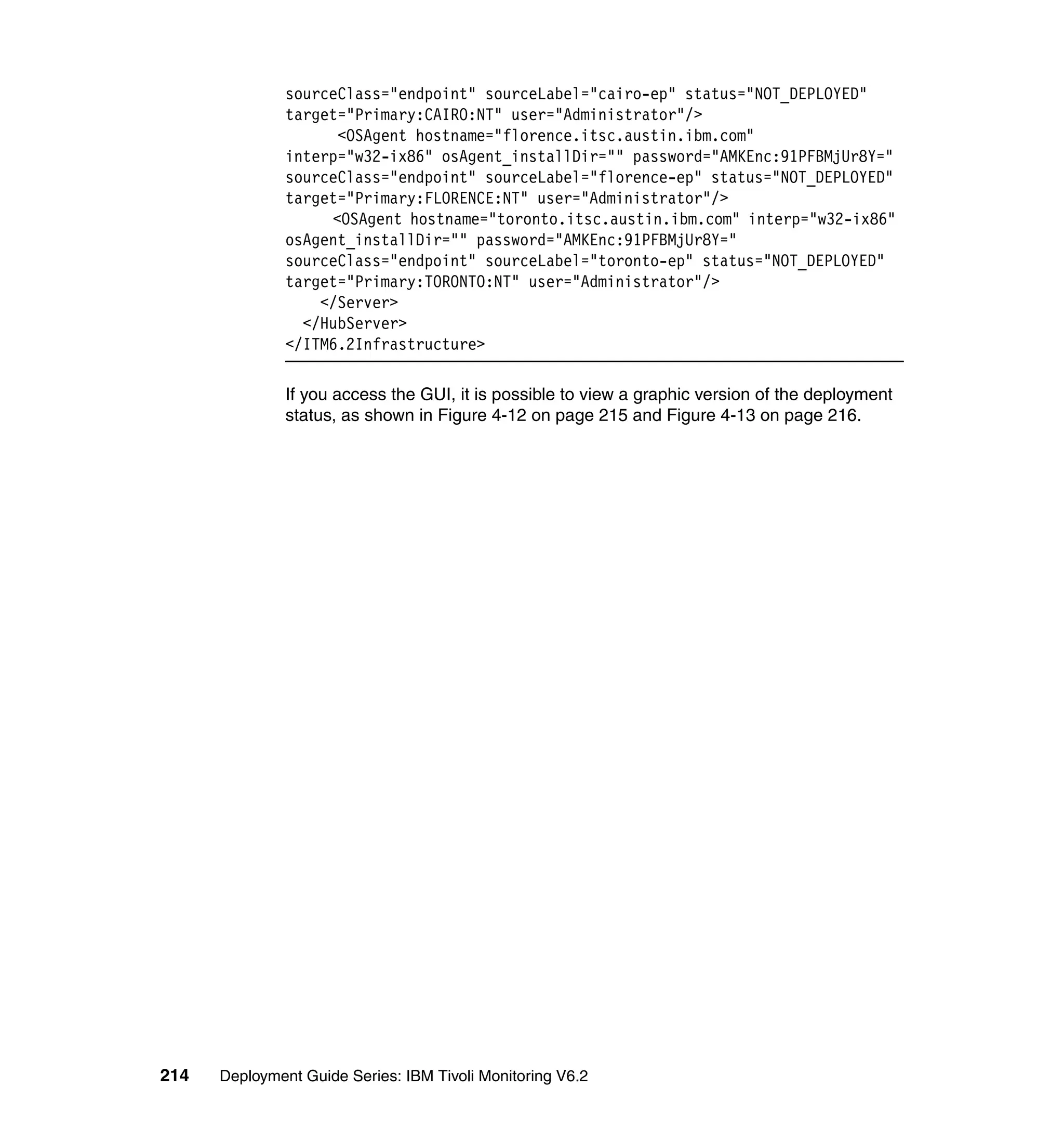 sourceClass="endpoint" sourceLabel="cairo-ep" status="NOT_DEPLOYED"
               target="Primary:CAIRO:NT" user="Administrator"/>
                     <OSAgent hostname="florence.itsc.austin.ibm.com"
               interp="w32-ix86" osAgent_installDir="" password="AMKEnc:91PFBMjUr8Y="
               sourceClass="endpoint" sourceLabel="florence-ep" status="NOT_DEPLOYED"
               target="Primary:FLORENCE:NT" user="Administrator"/>
                    <OSAgent hostname="toronto.itsc.austin.ibm.com" interp="w32-ix86"
               osAgent_installDir="" password="AMKEnc:91PFBMjUr8Y="
               sourceClass="endpoint" sourceLabel="toronto-ep" status="NOT_DEPLOYED"
               target="Primary:TORONTO:NT" user="Administrator"/>
                   </Server>
                 </HubServer>
               </ITM6.2Infrastructure>

               If you access the GUI, it is possible to view a graphic version of the deployment
               status, as shown in Figure 4-12 on page 215 and Figure 4-13 on page 216.




214   Deployment Guide Series: IBM Tivoli Monitoring V6.2
 