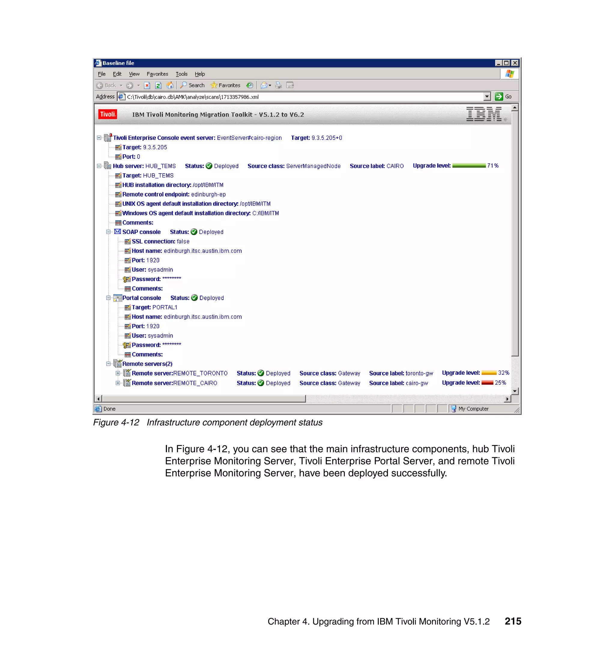 Figure 4-12 Infrastructure component deployment status

                 In Figure 4-12, you can see that the main infrastructure components, hub Tivoli
                 Enterprise Monitoring Server, Tivoli Enterprise Portal Server, and remote Tivoli
                 Enterprise Monitoring Server, have been deployed successfully.




                                         Chapter 4. Upgrading from IBM Tivoli Monitoring V5.1.2   215
 