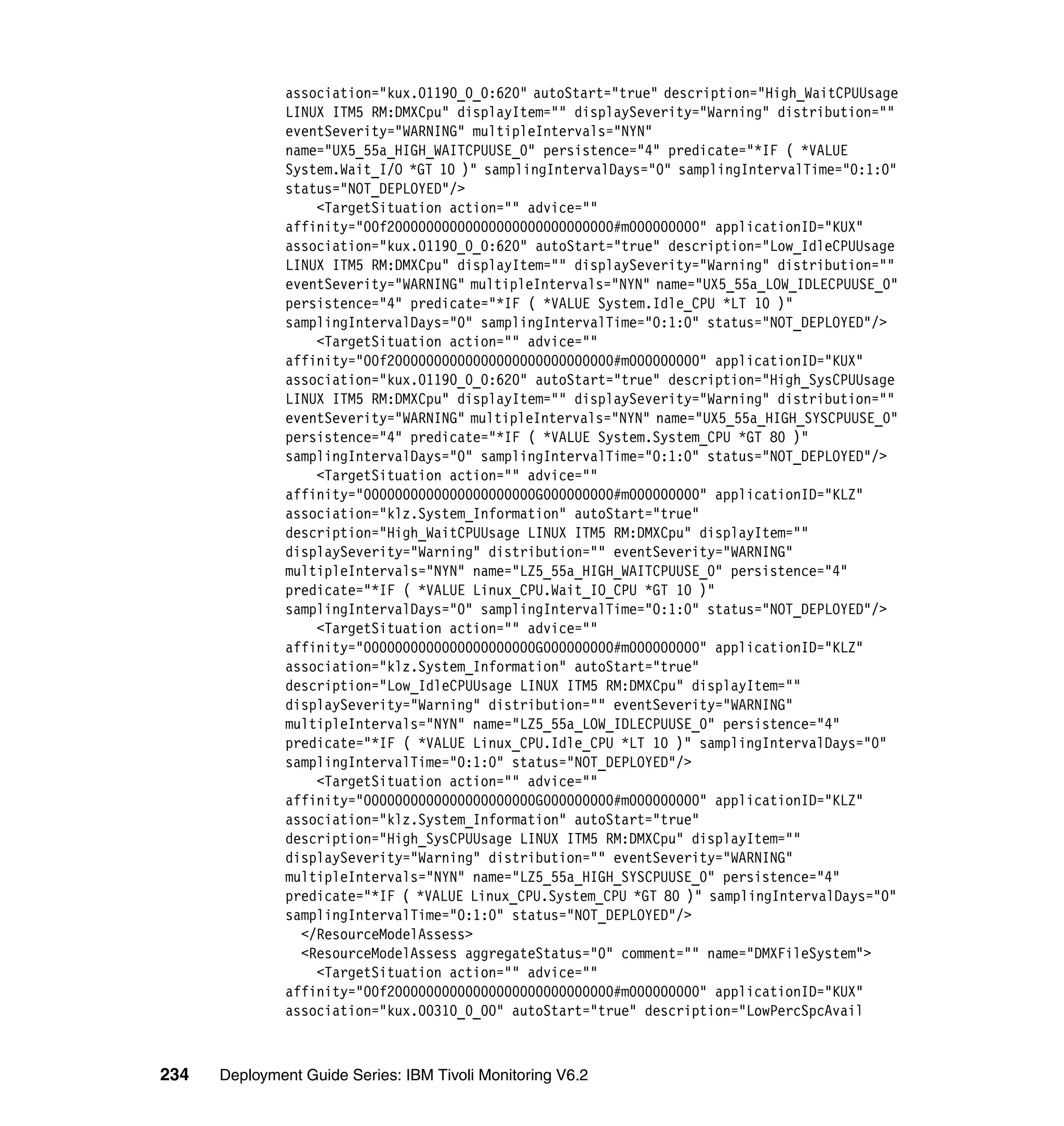 association="kux.01190_0_0:620" autoStart="true" description="High_WaitCPUUsage
               LINUX ITM5 RM:DMXCpu" displayItem="" displaySeverity="Warning" distribution=""
               eventSeverity="WARNING" multipleIntervals="NYN"
               name="UX5_55a_HIGH_WAITCPUUSE_0" persistence="4" predicate="*IF ( *VALUE
               System.Wait_I/O *GT 10 )" samplingIntervalDays="0" samplingIntervalTime="0:1:0"
               status="NOT_DEPLOYED"/>
                   <TargetSituation action="" advice=""
               affinity="00f20000000000000000000000000000#m000000000" applicationID="KUX"
               association="kux.01190_0_0:620" autoStart="true" description="Low_IdleCPUUsage
               LINUX ITM5 RM:DMXCpu" displayItem="" displaySeverity="Warning" distribution=""
               eventSeverity="WARNING" multipleIntervals="NYN" name="UX5_55a_LOW_IDLECPUUSE_0"
               persistence="4" predicate="*IF ( *VALUE System.Idle_CPU *LT 10 )"
               samplingIntervalDays="0" samplingIntervalTime="0:1:0" status="NOT_DEPLOYED"/>
                   <TargetSituation action="" advice=""
               affinity="00f20000000000000000000000000000#m000000000" applicationID="KUX"
               association="kux.01190_0_0:620" autoStart="true" description="High_SysCPUUsage
               LINUX ITM5 RM:DMXCpu" displayItem="" displaySeverity="Warning" distribution=""
               eventSeverity="WARNING" multipleIntervals="NYN" name="UX5_55a_HIGH_SYSCPUUSE_0"
               persistence="4" predicate="*IF ( *VALUE System.System_CPU *GT 80 )"
               samplingIntervalDays="0" samplingIntervalTime="0:1:0" status="NOT_DEPLOYED"/>
                   <TargetSituation action="" advice=""
               affinity="0000000000000000000000G000000000#m000000000" applicationID="KLZ"
               association="klz.System_Information" autoStart="true"
               description="High_WaitCPUUsage LINUX ITM5 RM:DMXCpu" displayItem=""
               displaySeverity="Warning" distribution="" eventSeverity="WARNING"
               multipleIntervals="NYN" name="LZ5_55a_HIGH_WAITCPUUSE_0" persistence="4"
               predicate="*IF ( *VALUE Linux_CPU.Wait_IO_CPU *GT 10 )"
               samplingIntervalDays="0" samplingIntervalTime="0:1:0" status="NOT_DEPLOYED"/>
                   <TargetSituation action="" advice=""
               affinity="0000000000000000000000G000000000#m000000000" applicationID="KLZ"
               association="klz.System_Information" autoStart="true"
               description="Low_IdleCPUUsage LINUX ITM5 RM:DMXCpu" displayItem=""
               displaySeverity="Warning" distribution="" eventSeverity="WARNING"
               multipleIntervals="NYN" name="LZ5_55a_LOW_IDLECPUUSE_0" persistence="4"
               predicate="*IF ( *VALUE Linux_CPU.Idle_CPU *LT 10 )" samplingIntervalDays="0"
               samplingIntervalTime="0:1:0" status="NOT_DEPLOYED"/>
                   <TargetSituation action="" advice=""
               affinity="0000000000000000000000G000000000#m000000000" applicationID="KLZ"
               association="klz.System_Information" autoStart="true"
               description="High_SysCPUUsage LINUX ITM5 RM:DMXCpu" displayItem=""
               displaySeverity="Warning" distribution="" eventSeverity="WARNING"
               multipleIntervals="NYN" name="LZ5_55a_HIGH_SYSCPUUSE_0" persistence="4"
               predicate="*IF ( *VALUE Linux_CPU.System_CPU *GT 80 )" samplingIntervalDays="0"
               samplingIntervalTime="0:1:0" status="NOT_DEPLOYED"/>
                 </ResourceModelAssess>
                 <ResourceModelAssess aggregateStatus="0" comment="" name="DMXFileSystem">
                   <TargetSituation action="" advice=""
               affinity="00f20000000000000000000000000000#m000000000" applicationID="KUX"
               association="kux.00310_0_00" autoStart="true" description="LowPercSpcAvail



234   Deployment Guide Series: IBM Tivoli Monitoring V6.2
 