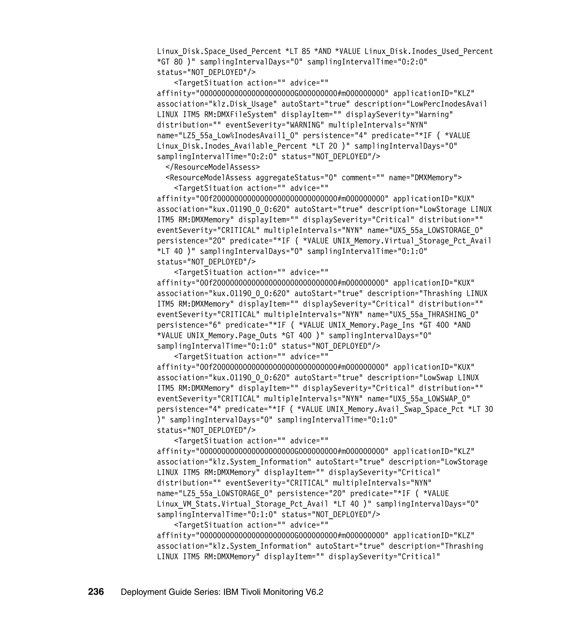 Linux_Disk.Space_Used_Percent *LT 85 *AND *VALUE Linux_Disk.Inodes_Used_Percent
               *GT 80 )" samplingIntervalDays="0" samplingIntervalTime="0:2:0"
               status="NOT_DEPLOYED"/>
                   <TargetSituation action="" advice=""
               affinity="0000000000000000000000G000000000#m000000000" applicationID="KLZ"
               association="klz.Disk_Usage" autoStart="true" description="LowPercInodesAvail
               LINUX ITM5 RM:DMXFileSystem" displayItem="" displaySeverity="Warning"
               distribution="" eventSeverity="WARNING" multipleIntervals="NYN"
               name="LZ5_55a_Low%InodesAvail1_0" persistence="4" predicate="*IF ( *VALUE
               Linux_Disk.Inodes_Available_Percent *LT 20 )" samplingIntervalDays="0"
               samplingIntervalTime="0:2:0" status="NOT_DEPLOYED"/>
                 </ResourceModelAssess>
                 <ResourceModelAssess aggregateStatus="0" comment="" name="DMXMemory">
                   <TargetSituation action="" advice=""
               affinity="00f20000000000000000000000000000#m000000000" applicationID="KUX"
               association="kux.01190_0_0:620" autoStart="true" description="LowStorage LINUX
               ITM5 RM:DMXMemory" displayItem="" displaySeverity="Critical" distribution=""
               eventSeverity="CRITICAL" multipleIntervals="NYN" name="UX5_55a_LOWSTORAGE_0"
               persistence="20" predicate="*IF ( *VALUE UNIX_Memory.Virtual_Storage_Pct_Avail
               *LT 40 )" samplingIntervalDays="0" samplingIntervalTime="0:1:0"
               status="NOT_DEPLOYED"/>
                   <TargetSituation action="" advice=""
               affinity="00f20000000000000000000000000000#m000000000" applicationID="KUX"
               association="kux.01190_0_0:620" autoStart="true" description="Thrashing LINUX
               ITM5 RM:DMXMemory" displayItem="" displaySeverity="Critical" distribution=""
               eventSeverity="CRITICAL" multipleIntervals="NYN" name="UX5_55a_THRASHING_0"
               persistence="6" predicate="*IF ( *VALUE UNIX_Memory.Page_Ins *GT 400 *AND
               *VALUE UNIX_Memory.Page_Outs *GT 400 )" samplingIntervalDays="0"
               samplingIntervalTime="0:1:0" status="NOT_DEPLOYED"/>
                   <TargetSituation action="" advice=""
               affinity="00f20000000000000000000000000000#m000000000" applicationID="KUX"
               association="kux.01190_0_0:620" autoStart="true" description="LowSwap LINUX
               ITM5 RM:DMXMemory" displayItem="" displaySeverity="Critical" distribution=""
               eventSeverity="CRITICAL" multipleIntervals="NYN" name="UX5_55a_LOWSWAP_0"
               persistence="4" predicate="*IF ( *VALUE UNIX_Memory.Avail_Swap_Space_Pct *LT 30
               )" samplingIntervalDays="0" samplingIntervalTime="0:1:0"
               status="NOT_DEPLOYED"/>
                   <TargetSituation action="" advice=""
               affinity="0000000000000000000000G000000000#m000000000" applicationID="KLZ"
               association="klz.System_Information" autoStart="true" description="LowStorage
               LINUX ITM5 RM:DMXMemory" displayItem="" displaySeverity="Critical"
               distribution="" eventSeverity="CRITICAL" multipleIntervals="NYN"
               name="LZ5_55a_LOWSTORAGE_0" persistence="20" predicate="*IF ( *VALUE
               Linux_VM_Stats.Virtual_Storage_Pct_Avail *LT 40 )" samplingIntervalDays="0"
               samplingIntervalTime="0:1:0" status="NOT_DEPLOYED"/>
                   <TargetSituation action="" advice=""
               affinity="0000000000000000000000G000000000#m000000000" applicationID="KLZ"
               association="klz.System_Information" autoStart="true" description="Thrashing
               LINUX ITM5 RM:DMXMemory" displayItem="" displaySeverity="Critical"



236   Deployment Guide Series: IBM Tivoli Monitoring V6.2
 