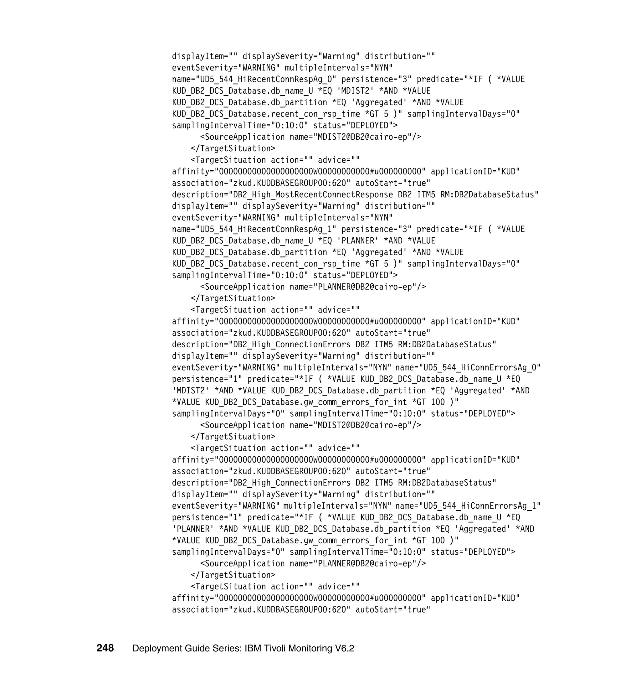 displayItem="" displaySeverity="Warning" distribution=""
               eventSeverity="WARNING" multipleIntervals="NYN"
               name="UD5_544_HiRecentConnRespAg_0" persistence="3" predicate="*IF ( *VALUE
               KUD_DB2_DCS_Database.db_name_U *EQ 'MDIST2' *AND *VALUE
               KUD_DB2_DCS_Database.db_partition *EQ 'Aggregated' *AND *VALUE
               KUD_DB2_DCS_Database.recent_con_rsp_time *GT 5 )" samplingIntervalDays="0"
               samplingIntervalTime="0:10:0" status="DEPLOYED">
                     <SourceApplication name="MDIST2@DB2@cairo-ep"/>
                   </TargetSituation>
                   <TargetSituation action="" advice=""
               affinity="00000000000000000000W00000000000#u000000000" applicationID="KUD"
               association="zkud.KUDDBASEGROUP00:620" autoStart="true"
               description="DB2_High_MostRecentConnectResponse DB2 ITM5 RM:DB2DatabaseStatus"
               displayItem="" displaySeverity="Warning" distribution=""
               eventSeverity="WARNING" multipleIntervals="NYN"
               name="UD5_544_HiRecentConnRespAg_1" persistence="3" predicate="*IF ( *VALUE
               KUD_DB2_DCS_Database.db_name_U *EQ 'PLANNER' *AND *VALUE
               KUD_DB2_DCS_Database.db_partition *EQ 'Aggregated' *AND *VALUE
               KUD_DB2_DCS_Database.recent_con_rsp_time *GT 5 )" samplingIntervalDays="0"
               samplingIntervalTime="0:10:0" status="DEPLOYED">
                     <SourceApplication name="PLANNER@DB2@cairo-ep"/>
                   </TargetSituation>
                   <TargetSituation action="" advice=""
               affinity="00000000000000000000W00000000000#u000000000" applicationID="KUD"
               association="zkud.KUDDBASEGROUP00:620" autoStart="true"
               description="DB2_High_ConnectionErrors DB2 ITM5 RM:DB2DatabaseStatus"
               displayItem="" displaySeverity="Warning" distribution=""
               eventSeverity="WARNING" multipleIntervals="NYN" name="UD5_544_HiConnErrorsAg_0"
               persistence="1" predicate="*IF ( *VALUE KUD_DB2_DCS_Database.db_name_U *EQ
               'MDIST2' *AND *VALUE KUD_DB2_DCS_Database.db_partition *EQ 'Aggregated' *AND
               *VALUE KUD_DB2_DCS_Database.gw_comm_errors_for_int *GT 100 )"
               samplingIntervalDays="0" samplingIntervalTime="0:10:0" status="DEPLOYED">
                     <SourceApplication name="MDIST2@DB2@cairo-ep"/>
                   </TargetSituation>
                   <TargetSituation action="" advice=""
               affinity="00000000000000000000W00000000000#u000000000" applicationID="KUD"
               association="zkud.KUDDBASEGROUP00:620" autoStart="true"
               description="DB2_High_ConnectionErrors DB2 ITM5 RM:DB2DatabaseStatus"
               displayItem="" displaySeverity="Warning" distribution=""
               eventSeverity="WARNING" multipleIntervals="NYN" name="UD5_544_HiConnErrorsAg_1"
               persistence="1" predicate="*IF ( *VALUE KUD_DB2_DCS_Database.db_name_U *EQ
               'PLANNER' *AND *VALUE KUD_DB2_DCS_Database.db_partition *EQ 'Aggregated' *AND
               *VALUE KUD_DB2_DCS_Database.gw_comm_errors_for_int *GT 100 )"
               samplingIntervalDays="0" samplingIntervalTime="0:10:0" status="DEPLOYED">
                     <SourceApplication name="PLANNER@DB2@cairo-ep"/>
                   </TargetSituation>
                   <TargetSituation action="" advice=""
               affinity="00000000000000000000W00000000000#u000000000" applicationID="KUD"
               association="zkud.KUDDBASEGROUP00:620" autoStart="true"



248   Deployment Guide Series: IBM Tivoli Monitoring V6.2
 