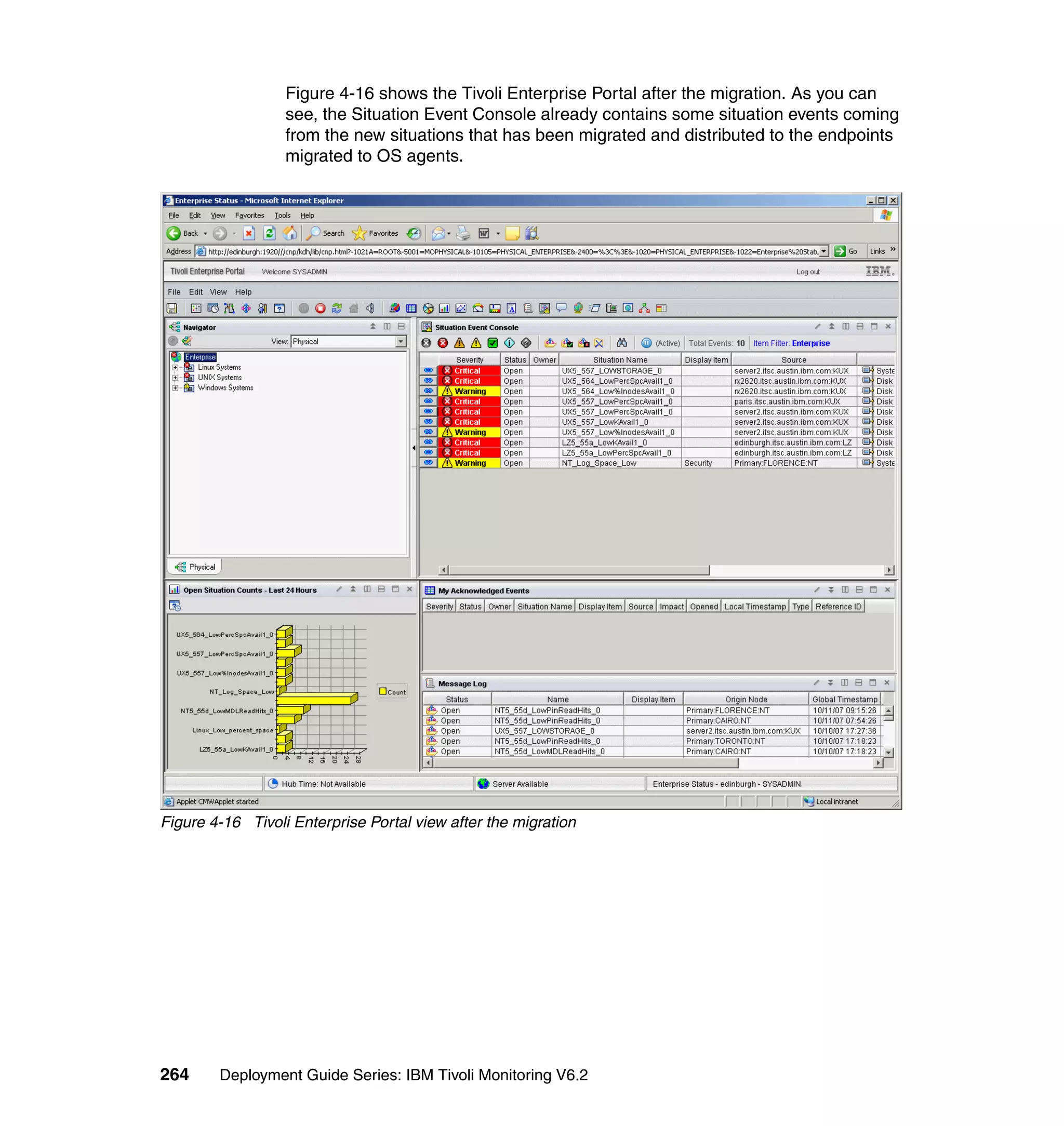 Figure 4-16 shows the Tivoli Enterprise Portal after the migration. As you can
                  see, the Situation Event Console already contains some situation events coming
                  from the new situations that has been migrated and distributed to the endpoints
                  migrated to OS agents.




Figure 4-16 Tivoli Enterprise Portal view after the migration




264     Deployment Guide Series: IBM Tivoli Monitoring V6.2
 