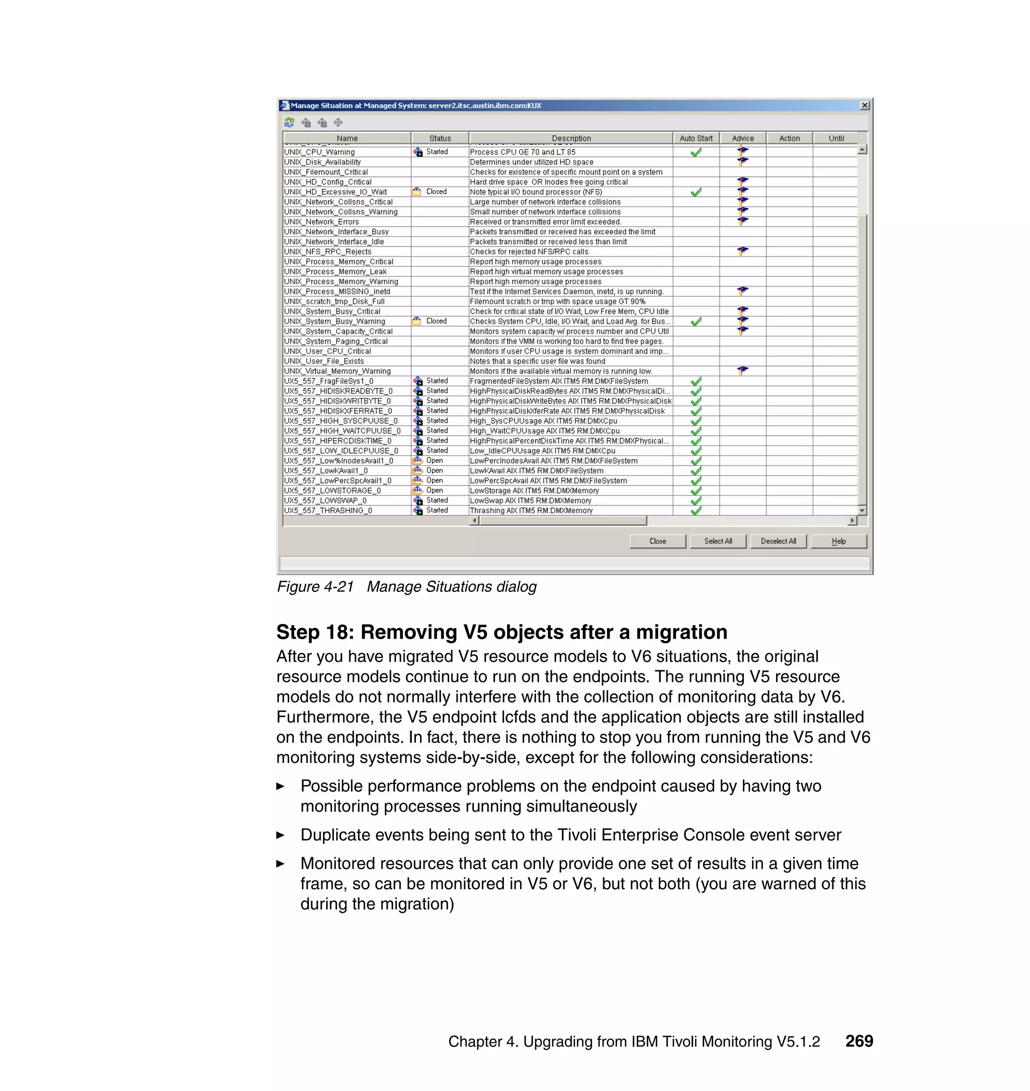 Figure 4-21 Manage Situations dialog


Step 18: Removing V5 objects after a migration
After you have migrated V5 resource models to V6 situations, the original
resource models continue to run on the endpoints. The running V5 resource
models do not normally interfere with the collection of monitoring data by V6.
Furthermore, the V5 endpoint lcfds and the application objects are still installed
on the endpoints. In fact, there is nothing to stop you from running the V5 and V6
monitoring systems side-by-side, except for the following considerations:
   Possible performance problems on the endpoint caused by having two
   monitoring processes running simultaneously
   Duplicate events being sent to the Tivoli Enterprise Console event server
   Monitored resources that can only provide one set of results in a given time
   frame, so can be monitored in V5 or V6, but not both (you are warned of this
   during the migration)




                       Chapter 4. Upgrading from IBM Tivoli Monitoring V5.1.2   269
 