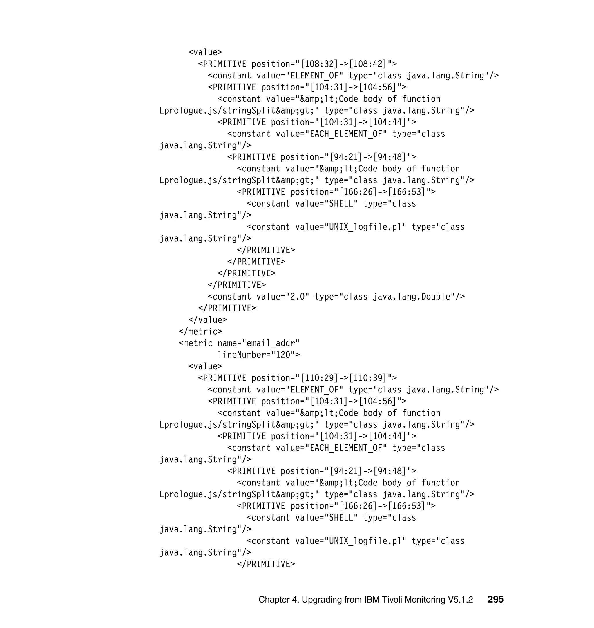 <value>
        <PRIMITIVE position="[108:32]->[108:42]">
          <constant value="ELEMENT_OF" type="class java.lang.String"/>
          <PRIMITIVE position="[104:31]->[104:56]">
            <constant value="&amp;lt;Code body of function
Lprologue.js/stringSplit&amp;gt;" type="class java.lang.String"/>
            <PRIMITIVE position="[104:31]->[104:44]">
               <constant value="EACH_ELEMENT_OF" type="class
java.lang.String"/>
               <PRIMITIVE position="[94:21]->[94:48]">
                 <constant value="&amp;lt;Code body of function
Lprologue.js/stringSplit&amp;gt;" type="class java.lang.String"/>
                 <PRIMITIVE position="[166:26]->[166:53]">
                   <constant value="SHELL" type="class
java.lang.String"/>
                   <constant value="UNIX_logfile.pl" type="class
java.lang.String"/>
                 </PRIMITIVE>
               </PRIMITIVE>
            </PRIMITIVE>
          </PRIMITIVE>
          <constant value="2.0" type="class java.lang.Double"/>
        </PRIMITIVE>
      </value>
    </metric>
    <metric name="email_addr"
            lineNumber="120">
      <value>
        <PRIMITIVE position="[110:29]->[110:39]">
          <constant value="ELEMENT_OF" type="class java.lang.String"/>
          <PRIMITIVE position="[104:31]->[104:56]">
            <constant value="&amp;lt;Code body of function
Lprologue.js/stringSplit&amp;gt;" type="class java.lang.String"/>
            <PRIMITIVE position="[104:31]->[104:44]">
               <constant value="EACH_ELEMENT_OF" type="class
java.lang.String"/>
               <PRIMITIVE position="[94:21]->[94:48]">
                 <constant value="&amp;lt;Code body of function
Lprologue.js/stringSplit&amp;gt;" type="class java.lang.String"/>
                 <PRIMITIVE position="[166:26]->[166:53]">
                   <constant value="SHELL" type="class
java.lang.String"/>
                   <constant value="UNIX_logfile.pl" type="class
java.lang.String"/>
                 </PRIMITIVE>


                    Chapter 4. Upgrading from IBM Tivoli Monitoring V5.1.2   295
 