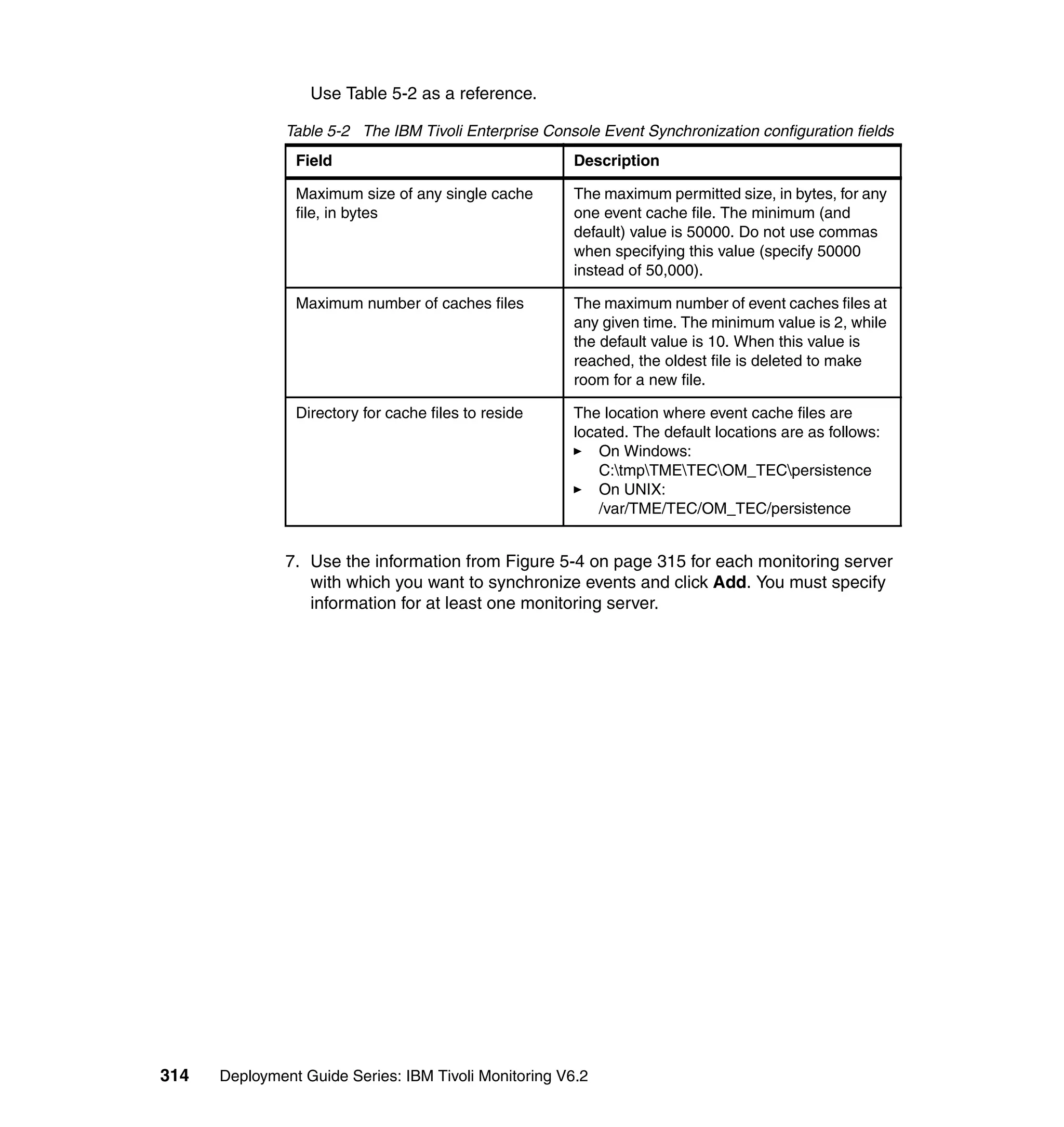 Use Table 5-2 as a reference.

               Table 5-2 The IBM Tivoli Enterprise Console Event Synchronization configuration fields
                Field                                  Description

                Maximum size of any single cache       The maximum permitted size, in bytes, for any
                file, in bytes                         one event cache file. The minimum (and
                                                       default) value is 50000. Do not use commas
                                                       when specifying this value (specify 50000
                                                       instead of 50,000).

                Maximum number of caches files         The maximum number of event caches files at
                                                       any given time. The minimum value is 2, while
                                                       the default value is 10. When this value is
                                                       reached, the oldest file is deleted to make
                                                       room for a new file.

                Directory for cache files to reside    The location where event cache files are
                                                       located. The default locations are as follows:
                                                           On Windows:
                                                           C:tmpTMETECOM_TECpersistence
                                                           On UNIX:
                                                           /var/TME/TEC/OM_TEC/persistence


               7. Use the information from Figure 5-4 on page 315 for each monitoring server
                  with which you want to synchronize events and click Add. You must specify
                  information for at least one monitoring server.




314   Deployment Guide Series: IBM Tivoli Monitoring V6.2
 