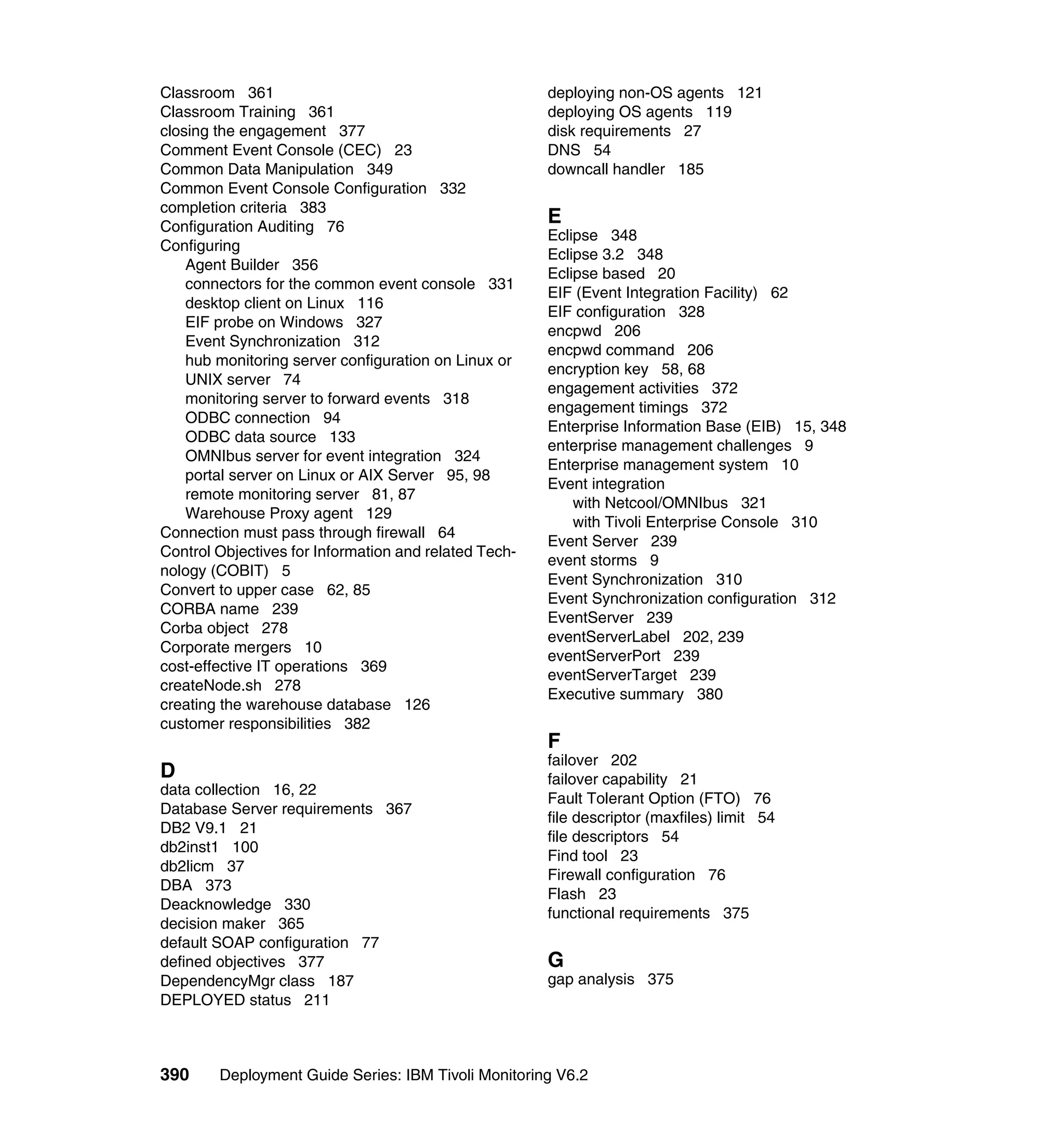Classroom 361                                          deploying non-OS agents 121
Classroom Training 361                                 deploying OS agents 119
closing the engagement 377                             disk requirements 27
Comment Event Console (CEC) 23                         DNS 54
Common Data Manipulation 349                           downcall handler 185
Common Event Console Configuration 332
completion criteria 383
Configuration Auditing 76
                                                       E
                                                       Eclipse 348
Configuring
                                                       Eclipse 3.2 348
    Agent Builder 356
                                                       Eclipse based 20
    connectors for the common event console 331
                                                       EIF (Event Integration Facility) 62
    desktop client on Linux 116
                                                       EIF configuration 328
    EIF probe on Windows 327
                                                       encpwd 206
    Event Synchronization 312
                                                       encpwd command 206
    hub monitoring server configuration on Linux or
                                                       encryption key 58, 68
    UNIX server 74
                                                       engagement activities 372
    monitoring server to forward events 318
                                                       engagement timings 372
    ODBC connection 94
                                                       Enterprise Information Base (EIB) 15, 348
    ODBC data source 133
                                                       enterprise management challenges 9
    OMNIbus server for event integration 324
                                                       Enterprise management system 10
    portal server on Linux or AIX Server 95, 98
                                                       Event integration
    remote monitoring server 81, 87
                                                           with Netcool/OMNIbus 321
    Warehouse Proxy agent 129
                                                           with Tivoli Enterprise Console 310
Connection must pass through firewall 64
                                                       Event Server 239
Control Objectives for Information and related Tech-
                                                       event storms 9
nology (COBIT) 5
                                                       Event Synchronization 310
Convert to upper case 62, 85
                                                       Event Synchronization configuration 312
CORBA name 239
                                                       EventServer 239
Corba object 278
                                                       eventServerLabel 202, 239
Corporate mergers 10
                                                       eventServerPort 239
cost-effective IT operations 369
                                                       eventServerTarget 239
createNode.sh 278
                                                       Executive summary 380
creating the warehouse database 126
customer responsibilities 382
                                                       F
                                                       failover 202
D                                                      failover capability 21
data collection 16, 22
                                                       Fault Tolerant Option (FTO) 76
Database Server requirements 367
                                                       file descriptor (maxfiles) limit 54
DB2 V9.1 21
                                                       file descriptors 54
db2inst1 100
                                                       Find tool 23
db2licm 37
                                                       Firewall configuration 76
DBA 373
                                                       Flash 23
Deacknowledge 330
                                                       functional requirements 375
decision maker 365
default SOAP configuration 77
defined objectives 377                                 G
DependencyMgr class 187                                gap analysis 375
DEPLOYED status 211



390     Deployment Guide Series: IBM Tivoli Monitoring V6.2
 
