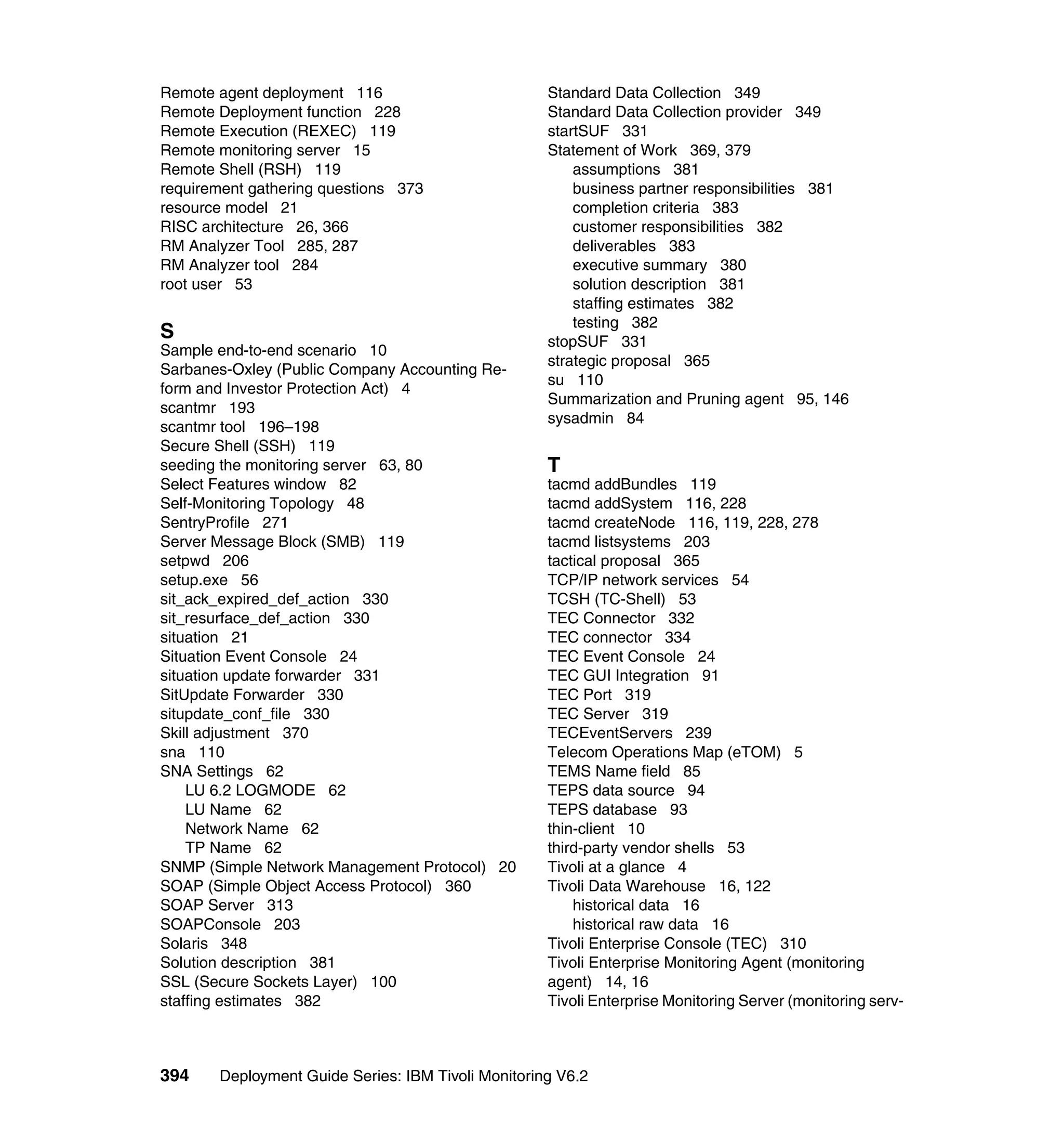 Remote agent deployment 116                         Standard Data Collection 349
Remote Deployment function 228                      Standard Data Collection provider 349
Remote Execution (REXEC) 119                        startSUF 331
Remote monitoring server 15                         Statement of Work 369, 379
Remote Shell (RSH) 119                                  assumptions 381
requirement gathering questions 373                     business partner responsibilities 381
resource model 21                                       completion criteria 383
RISC architecture 26, 366                               customer responsibilities 382
RM Analyzer Tool 285, 287                               deliverables 383
RM Analyzer tool 284                                    executive summary 380
root user 53                                            solution description 381
                                                        staffing estimates 382
                                                        testing 382
S                                                   stopSUF 331
Sample end-to-end scenario 10
                                                    strategic proposal 365
Sarbanes-Oxley (Public Company Accounting Re-
                                                    su 110
form and Investor Protection Act) 4
                                                    Summarization and Pruning agent 95, 146
scantmr 193
                                                    sysadmin 84
scantmr tool 196–198
Secure Shell (SSH) 119
seeding the monitoring server 63, 80                T
Select Features window 82                           tacmd addBundles 119
Self-Monitoring Topology 48                         tacmd addSystem 116, 228
SentryProfile 271                                   tacmd createNode 116, 119, 228, 278
Server Message Block (SMB) 119                      tacmd listsystems 203
setpwd 206                                          tactical proposal 365
setup.exe 56                                        TCP/IP network services 54
sit_ack_expired_def_action 330                      TCSH (TC-Shell) 53
sit_resurface_def_action 330                        TEC Connector 332
situation 21                                        TEC connector 334
Situation Event Console 24                          TEC Event Console 24
situation update forwarder 331                      TEC GUI Integration 91
SitUpdate Forwarder 330                             TEC Port 319
situpdate_conf_file 330                             TEC Server 319
Skill adjustment 370                                TECEventServers 239
sna 110                                             Telecom Operations Map (eTOM) 5
SNA Settings 62                                     TEMS Name field 85
    LU 6.2 LOGMODE 62                               TEPS data source 94
    LU Name 62                                      TEPS database 93
    Network Name 62                                 thin-client 10
    TP Name 62                                      third-party vendor shells 53
SNMP (Simple Network Management Protocol) 20        Tivoli at a glance 4
SOAP (Simple Object Access Protocol) 360            Tivoli Data Warehouse 16, 122
SOAP Server 313                                         historical data 16
SOAPConsole 203                                         historical raw data 16
Solaris 348                                         Tivoli Enterprise Console (TEC) 310
Solution description 381                            Tivoli Enterprise Monitoring Agent (monitoring
SSL (Secure Sockets Layer) 100                      agent) 14, 16
staffing estimates 382                              Tivoli Enterprise Monitoring Server (monitoring serv-



394    Deployment Guide Series: IBM Tivoli Monitoring V6.2
 