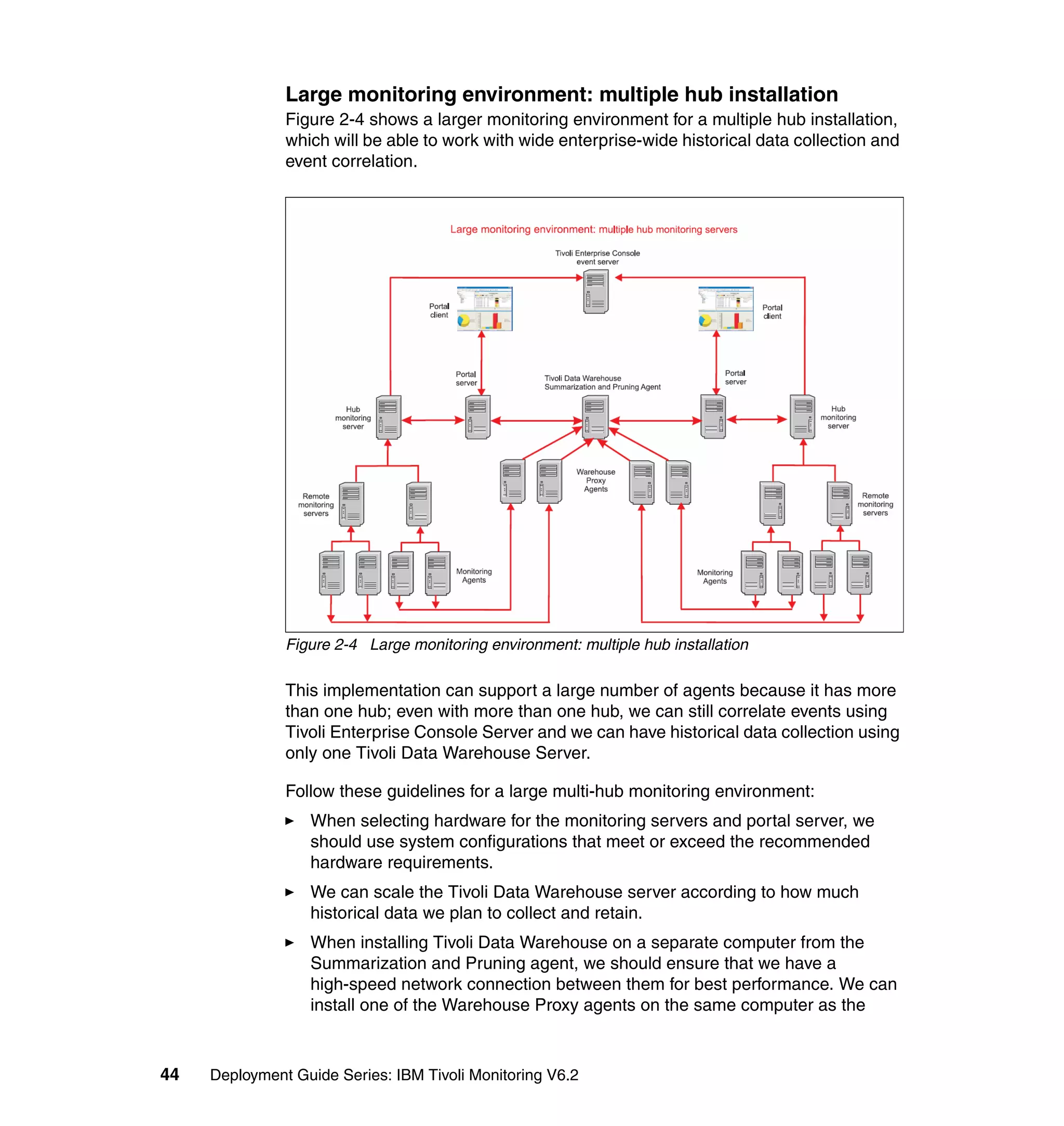 Large monitoring environment: multiple hub installation
               Figure 2-4 shows a larger monitoring environment for a multiple hub installation,
               which will be able to work with wide enterprise-wide historical data collection and
               event correlation.




               Figure 2-4 Large monitoring environment: multiple hub installation

               This implementation can support a large number of agents because it has more
               than one hub; even with more than one hub, we can still correlate events using
               Tivoli Enterprise Console Server and we can have historical data collection using
               only one Tivoli Data Warehouse Server.

               Follow these guidelines for a large multi-hub monitoring environment:
                  When selecting hardware for the monitoring servers and portal server, we
                  should use system configurations that meet or exceed the recommended
                  hardware requirements.
                  We can scale the Tivoli Data Warehouse server according to how much
                  historical data we plan to collect and retain.
                  When installing Tivoli Data Warehouse on a separate computer from the
                  Summarization and Pruning agent, we should ensure that we have a
                  high-speed network connection between them for best performance. We can
                  install one of the Warehouse Proxy agents on the same computer as the



44   Deployment Guide Series: IBM Tivoli Monitoring V6.2
 
