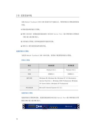 3 章 设置设备环境

     安装 AhnLab TrusGuard SCM 3100 设备并打开电源之后，利用控制台计算机设置设备
     环境。

     1. 准备设备和控制台计算机。


     2. 利用 RSC232C 电缆连接设备前面的 RSC232C-Serial Port 端口和控制台计算机的

      COM1 端口或 COM2 端口。

     3. 在控制台计算机上用终端连接程序连接至设备。


     4. 利用 CLI 菜单设置设备所需的环境。


连接控制台计算机

     为使用 AhnLab TrusGuard SCM 3100 设备，需要如下配置的控制台计算机。


     控制台计算机


           项目                     最低配置                           推荐配置

           CPU                  Pentium II以上               Pentium III以上

           RAM                    32MB以上                     64MB以上

           操作系统       Windows 98, Windows Me, Windows NT 4.0 Workstation
                      Service Pack 6以上, Windows 2000 Professional, Windows
                      XP Home Edition, Windows XP Professional

         网页浏览器        Microsoft Internet Explorer 6.0 以上


     连接控制台计算机


     连接控制台计算机和设备。连接设备前面的 RSC232C-Serial Port 端口和控制台计算
     机的 COM1 端口或 COM2 端口。




10
 