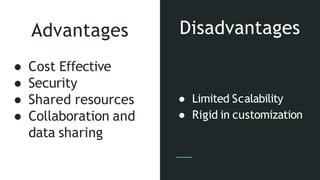 Advantages
● Cost Effective
● Security
● Shared resources
● Collaboration and
data sharing
● Limited Scalability
● Rigid in customization
Disadvantages
 