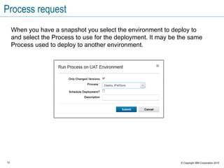 12 © Copyright IBM Corporation 2015
Process request
When you have a snapshot you select the environment to deploy to
and select the Process to use for the deployment. It may be the same
Process used to deploy to another environment.
 