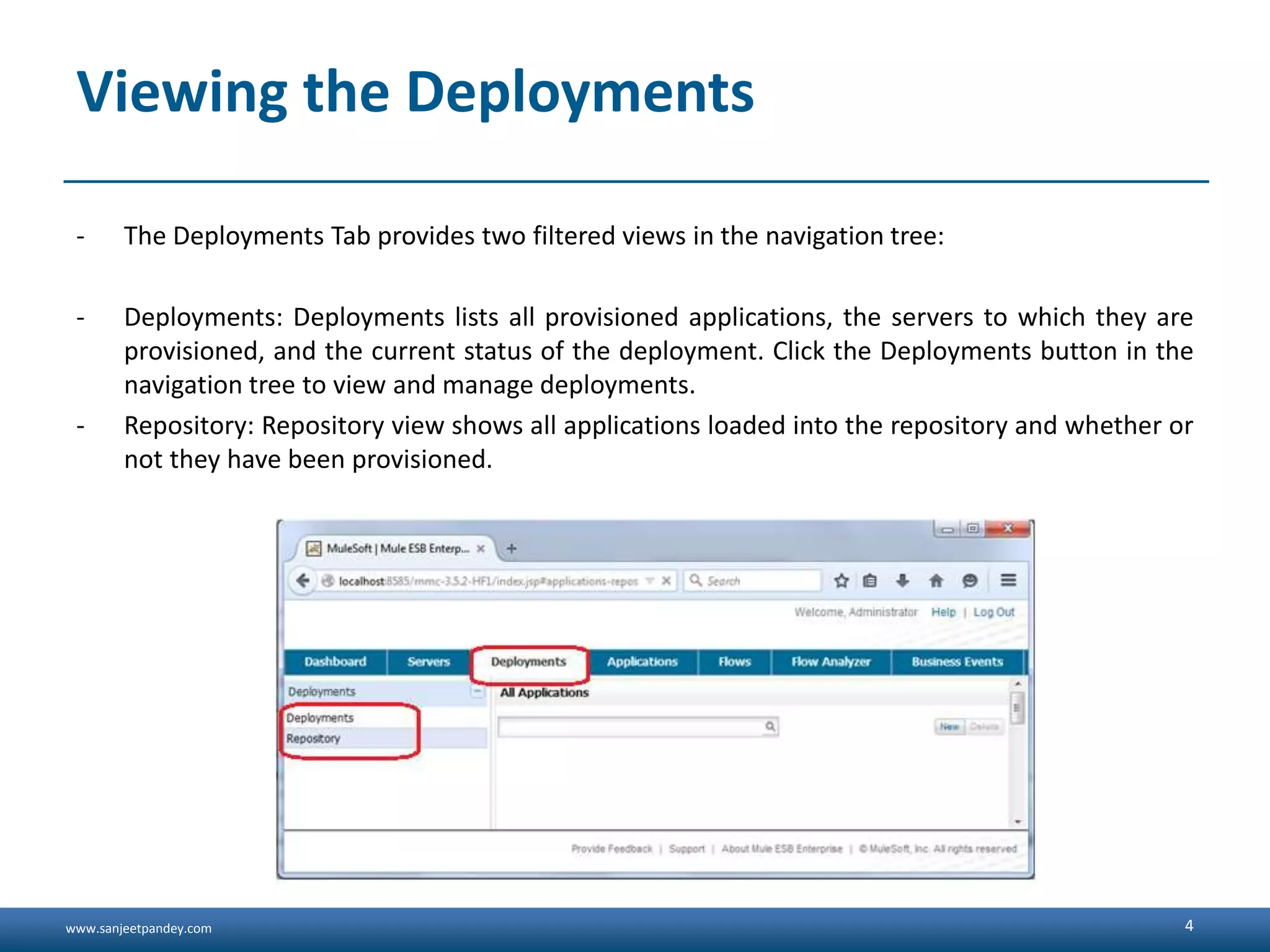 www.sanjeetpandey.com Viewing the Deployments - The Deployments Tab provides two filtered views in the navigation tree: - Deployments: Deployments lists all provisioned applications, the servers to which they are provisioned, and the current status of the deployment. Click the Deployments button in the navigation tree to view and manage deployments. - Repository: Repository view shows all applications loaded into the repository and whether or not they have been provisioned. 4 