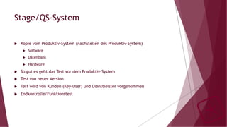 Stage/QS-System
u  Kopie vom Produktiv-System (nachstellen des Produktiv-System)
u  Software
u  Datenbank
u  Hardware
u  So gut es geht das Test vor dem Produktiv-System
u  Test von neuer Version
u  Test wird von Kunden (Key-User) und Dienstleister vorgenommen
u  Endkontrolle/Funktionstest
 