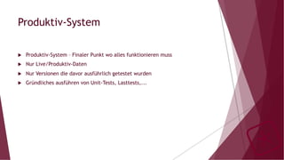 Produktiv-System
u  Produktiv-System – Finaler Punkt wo alles funktionieren muss
u  Nur Live/Produktiv-Daten
u  Nur Versionen die davor ausführlich getestet wurden
u  Gründliches ausführen von Unit-Tests, Lasttests,...
 
