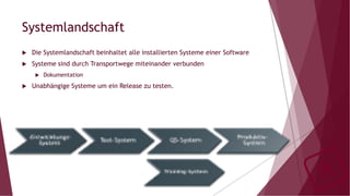 Systemlandschaft
u  Die Systemlandschaft beinhaltet alle installierten Systeme einer Software
u  Systeme sind durch Transportwege miteinander verbunden
u  Dokumentation
u  Unabhängige Systeme um ein Release zu testen.
 