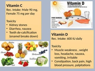 Vitamin C
Rec. Intake: Male 90 mg,
Female 75 mg per day
Toxicity
• Kidney stones
• Diarrhea, nausea
• Teeth de-calcification
(enamel breaks down)
Vitamin D
Rec. Intake: 600 IU daily
Toxicity
• Muscle weakness , weight
loss, headache, nausea,
vomiting, irritable
• Constipation, back pain, high
blood pressure, palpitations
 