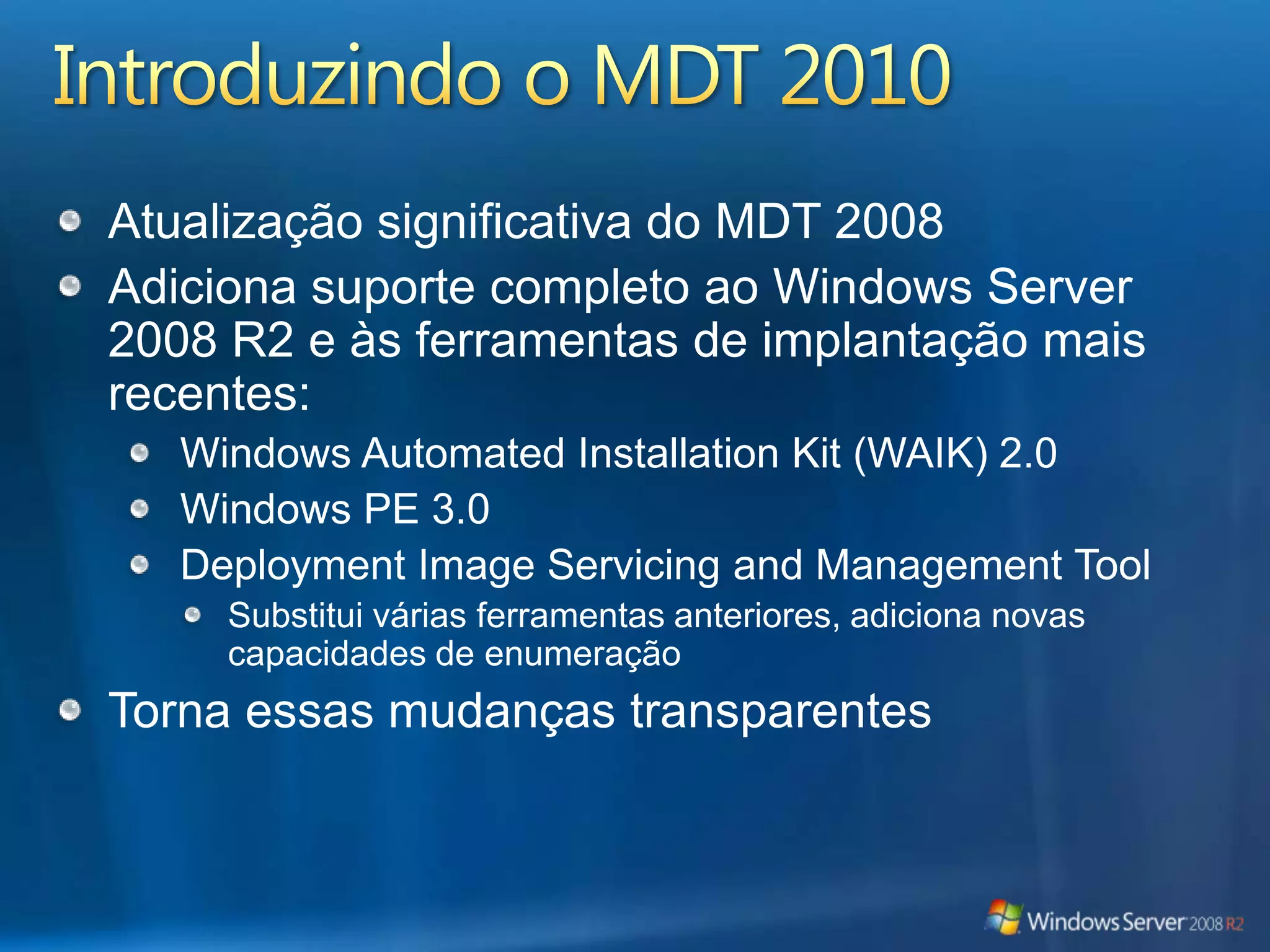 Cenário de Implantação de Servidor DISM Preparação da ImagemManutenção da ImagemInstalação da ImagemEstação de ImagensInstale o WAIKLeia a DocumentaçãoPlaneje a estratégia de implantaçãoPrepare os arquivos de respostaPrepare o Windows PEServidor de LaboratórioInstale os sistema operacional baseAdicione as personalizaçõesSysprep GeneralizeInicie o Windows PECaptura de imagemServidor de Destino da ImplantaçãoInicie o Windows PEConfigure o discoAplique as imagensInicie o WindowsConfigurações finaisEstação de ImagensMonte a imagemAdicione drivers, recursos, etc.Confirme e Desmonte a ImagemCenários de instalação offline do DISM Cenários de instalação online do DISM