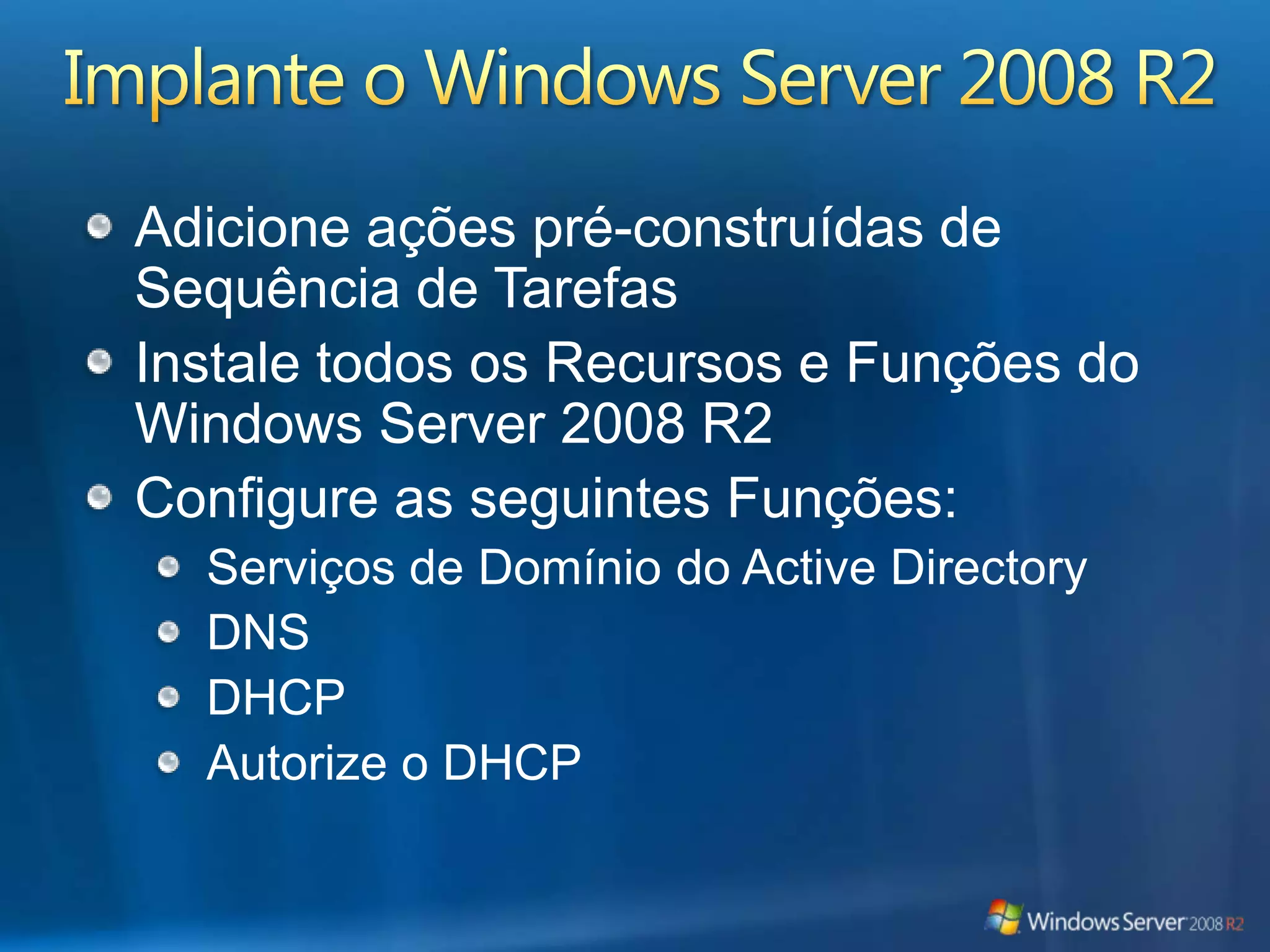 Implantação de Tarefa SequenciadaAutomatizando o Processo de ImplantaçãoMicrosoft Deployment Toolkit (MDT) 2010System Center Configuration Manager 2007Lite Touch e implantação automatizada com o MDT 2010Aplique a Imagem do SO WindowsCapture a Imagem PersonalizadaInstale e Configure Funções e RecursosAplicaçõesDrivers de DispositivoDomínio CorporativoImplantação Completamente AutomatizadaAplicações InstaladasConfiguração Online Drivers InstaladosInclusão no DomínioNova Imagem de SO InstaladaWindows Server