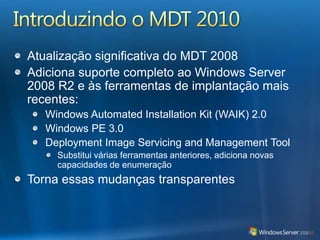 Cenário de Implantação de Servidor DISM Preparação da ImagemManutenção da ImagemInstalação da ImagemEstação de ImagensInstale o WAIKLeia a DocumentaçãoPlaneje a estratégia de implantaçãoPrepare os arquivos de respostaPrepare o Windows PEServidor de LaboratórioInstale os sistema operacional baseAdicione as personalizaçõesSysprep GeneralizeInicie o Windows PECaptura de imagemServidor de Destino da ImplantaçãoInicie o Windows PEConfigure o discoAplique as imagensInicie o WindowsConfigurações finaisEstação de ImagensMonte a imagemAdicione drivers, recursos, etc.Confirme e Desmonte a ImagemCenários de instalação offline do DISM Cenários de instalação online do DISM