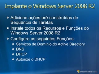 Implantação de Tarefa SequenciadaAutomatizando o Processo de ImplantaçãoMicrosoft Deployment Toolkit (MDT) 2010System Center Configuration Manager 2007Lite Touch e implantação automatizada com o MDT 2010Aplique a Imagem do SO WindowsCapture a Imagem PersonalizadaInstale e Configure Funções e RecursosAplicaçõesDrivers de DispositivoDomínio CorporativoImplantação Completamente AutomatizadaAplicações InstaladasConfiguração Online Drivers InstaladosInclusão no DomínioNova Imagem de SO InstaladaWindows Server