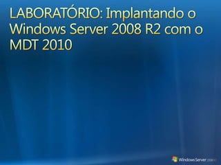 Base da Implantação de ServidorIMAGEMENTREGAMIGRAÇÃOGerenciamento e Manutenção de Imagens de ImplantaçãoAdicionar/Remover Drivers e Pacotes Gerenciamento de Imagem de WIM e VHDFerramentas de Migração do Windows ServerMigração de Dados e FunçõesMantém as Configurações do SO, os Recursos, os Compartilhamentos e os DadosServiços de Implantação do WindowsMulticastTransmissão Múltipla de FluxosProvisionamento de Driver DinâmicoInicialização a partir do suporte ao VHDTAREFAS INTEGRADAS