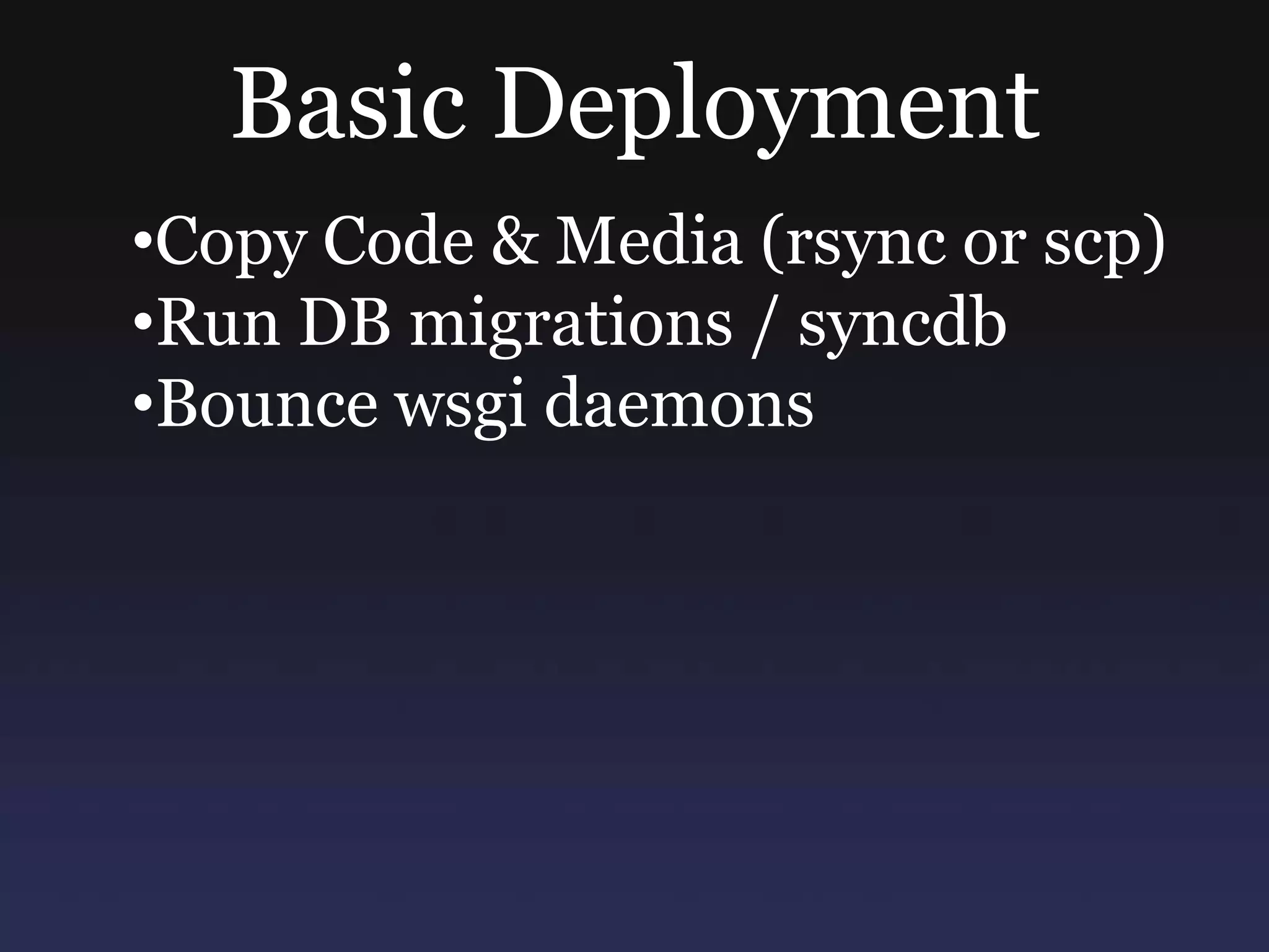 processes if you're unsure of thread safetyWSGIDaemonProcess my-site python-path=/home/code/                  processes=2 threads=150 maximum-requests=5000WSGIProcessGroup my-siteWSGIScriptAlias / /home/code/my-site/deploy/wsgi/my-site.wsgi