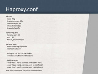 Haproxy.conf 
defaults 
mode http 
timeout connect 60s 
timeout server 60s 
timeout client 60s 
timeout check 5s 
frontend public 
#binding port 80 
bind *:80 
default_backend apps 
backend apps 
#load balancing algorithm 
balance leastconn 
#using JSESSIONID as the cookie 
cookie JSESSIONID insert nocache 
#adding server 
server host1 host1.example.com cookie host1 
server host2 host2.example.com cookie host2 
server host3 host3.example.com cookie host3 
#Link: https://meteorhacks.com/how-to-scale-meteor.html 
 