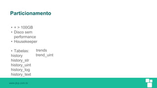 www.jlcp.com.br
Particionamento
• + > 100GB
• Disco sem
performance
• Housekeeper
• Tabelas:
history
history_str
history_uint
history_log
history_text
trends
trend_uint
 