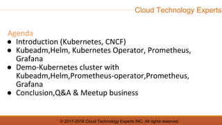 © 2017-2018 Cloud Technology Experts INC. All rights reserved.
Cloud Technology Experts
Agenda
● Introduction (Kubernetes, CNCF)
● Kubeadm,Helm, Kubernetes Operator, Prometheus,
Grafana
● Demo-Kubernetes cluster with
Kubeadm,Helm,Prometheus-operator,Prometheus,
Grafana
● Conclusion,Q&A & Meetup business
 