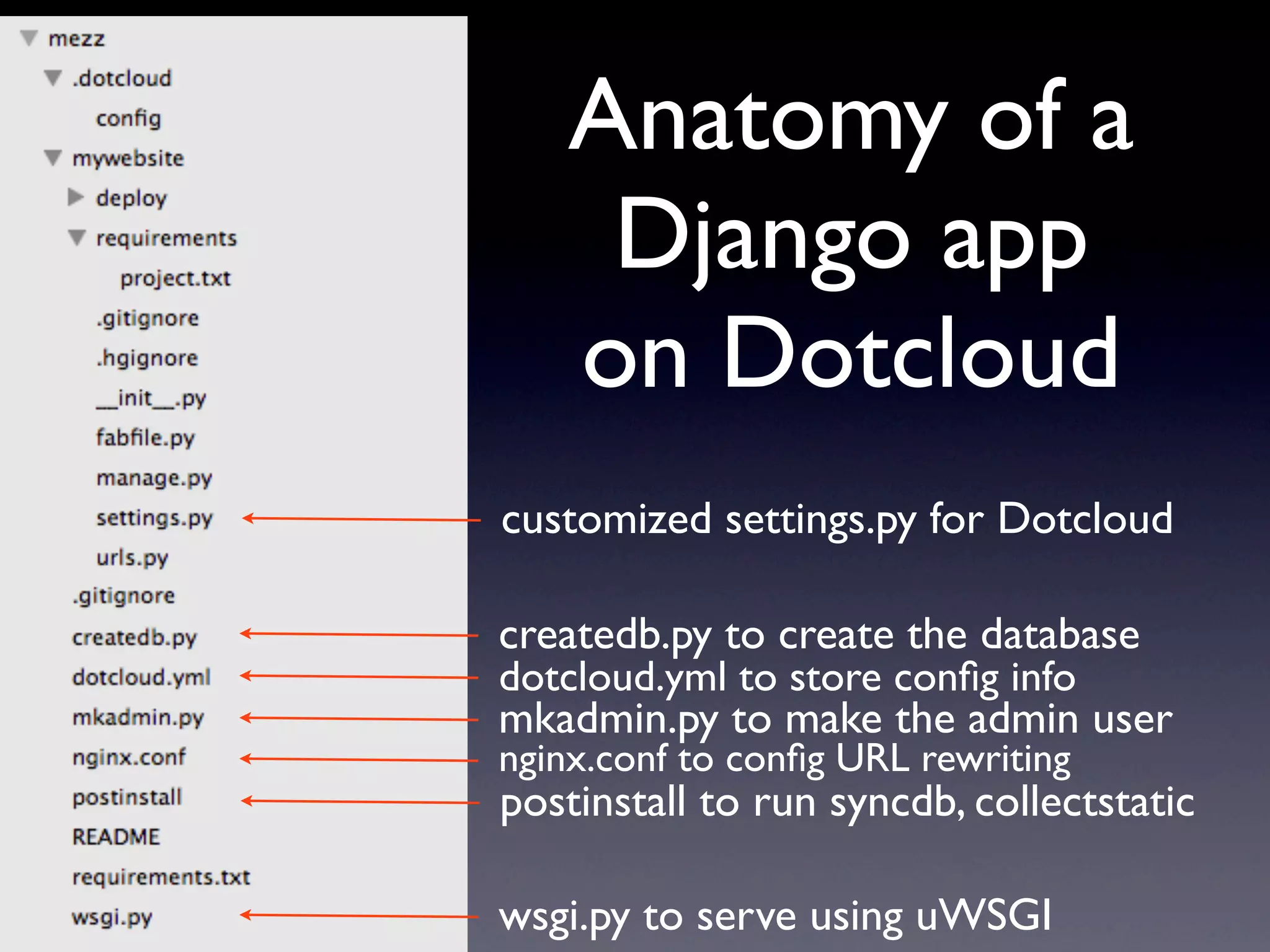 Anatomy of a
     Django app
    on Dotcloud
customized settings.py for Dotcloud

createdb.py to create the database
dotcloud.yml to store conﬁg info
mkadmin.py to make the admin user
nginx.conf to conﬁg URL rewriting
postinstall to run syncdb, collectstatic

wsgi.py to serve using uWSGI
 