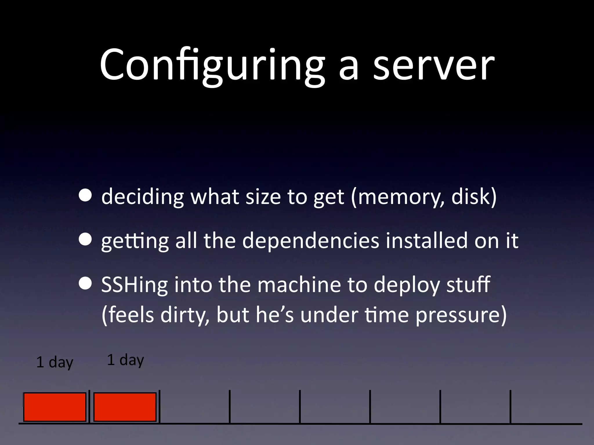Conﬁguring  a  server

         • deciding  what  size  to  get  (memory,  disk)
         • ge]ng  all  the  dependencies  installed  on  it
         • SSHing  into  the  machine  to  deploy  stuﬀ  
           (feels  dirty,  but  he’s  under  Tme  pressure)
1  day      1  day
 